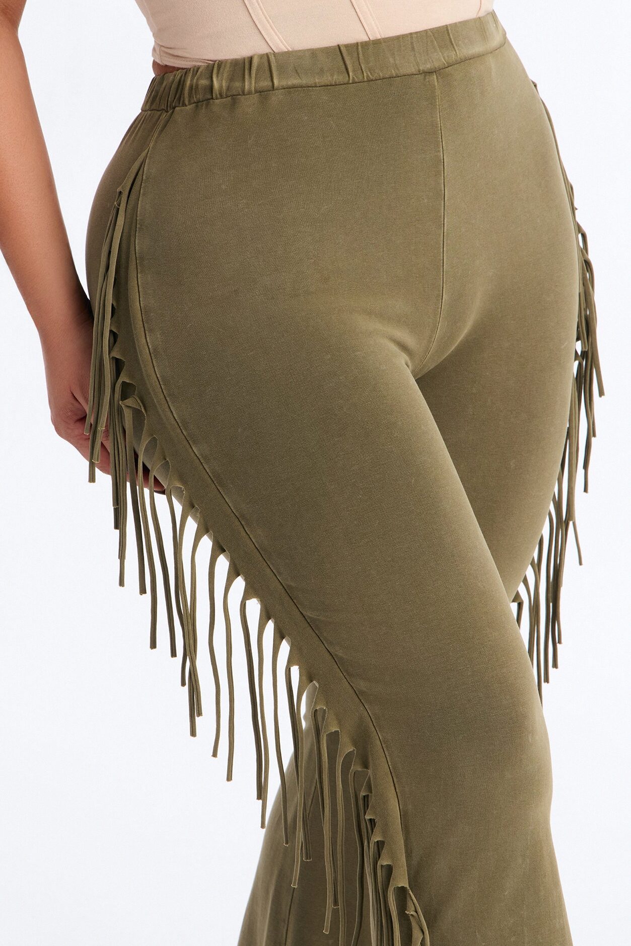 Josie Fringe Washed Mid Rise Flare Pant 33″ - Olive