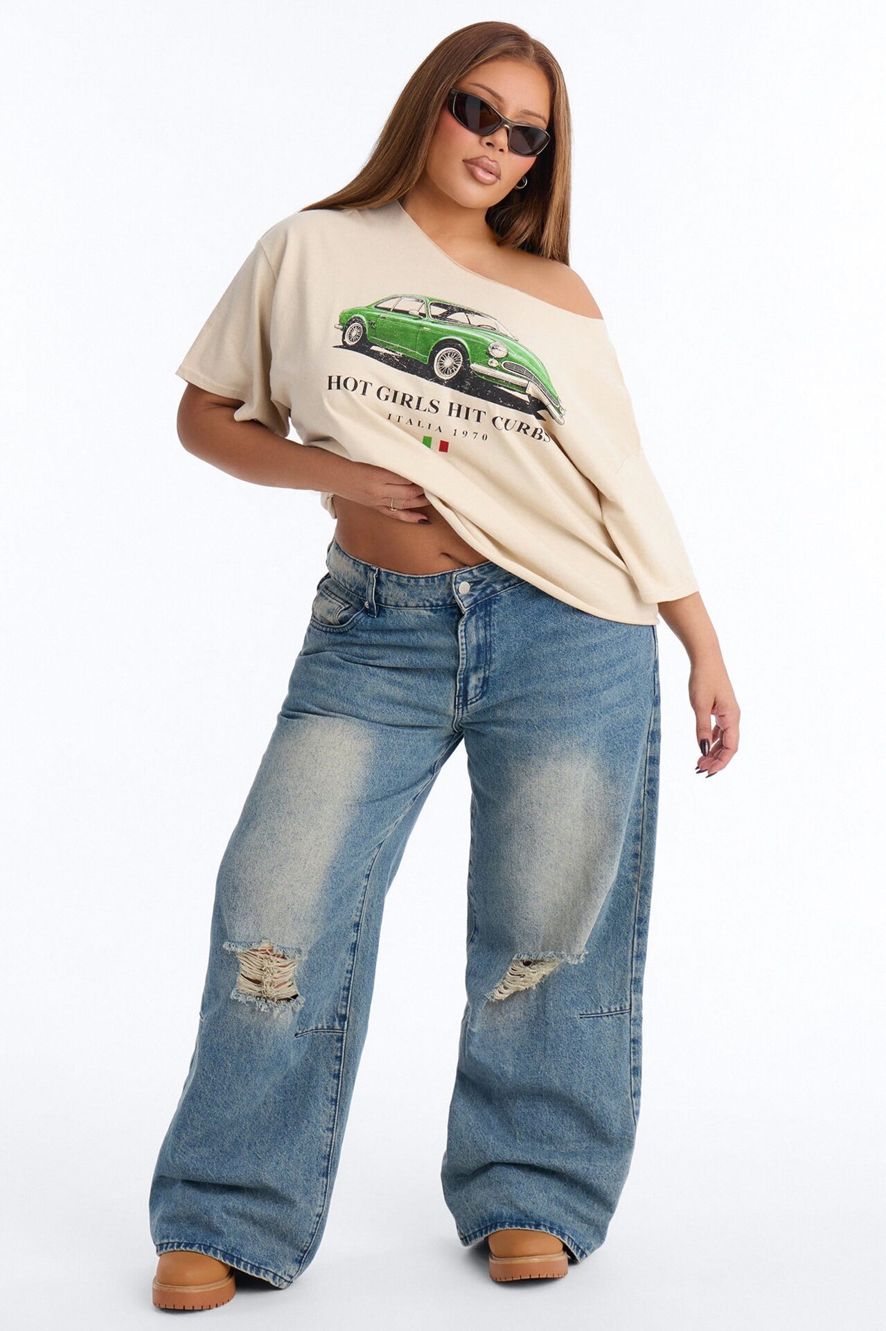 Hot Girls Hit Curbs Off Shoulder Tee - Taupe