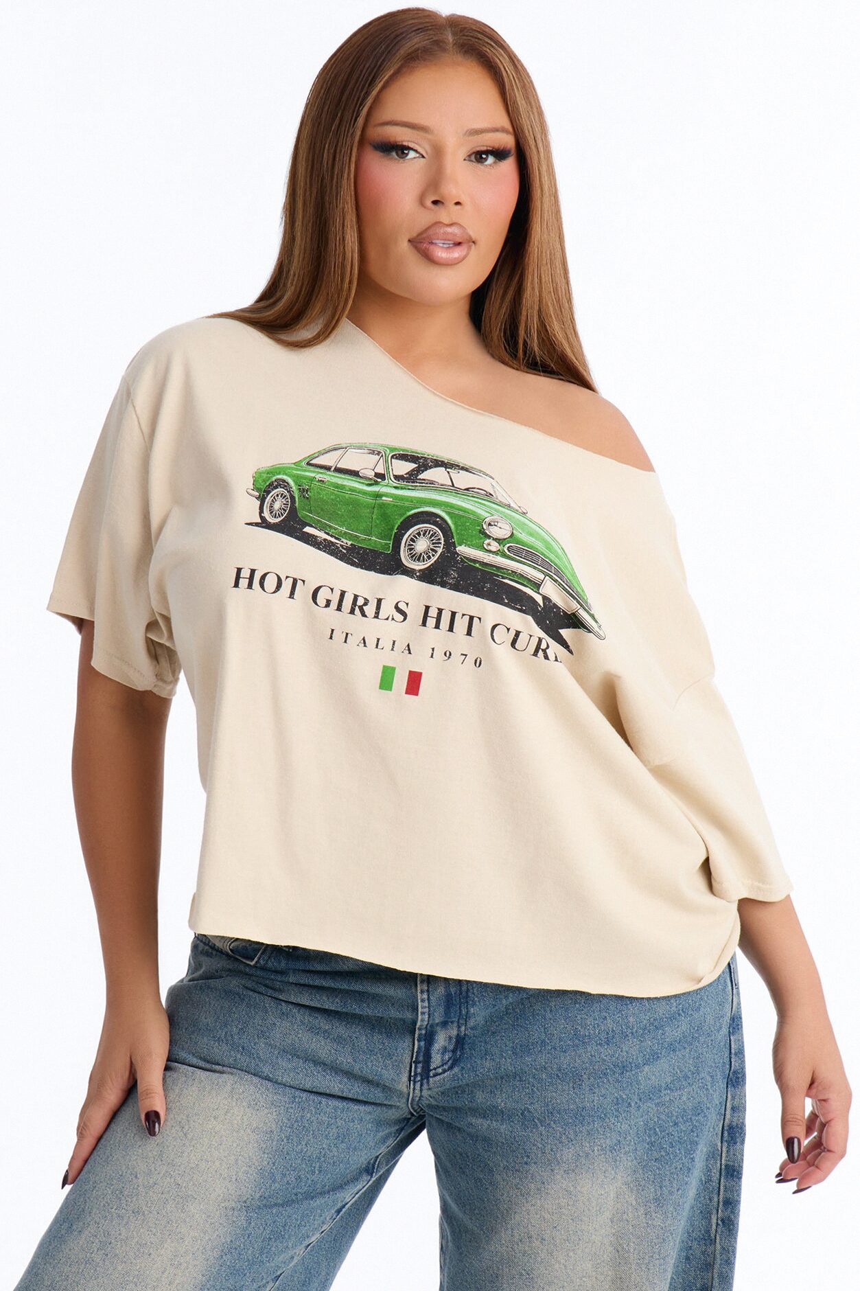 Hot Girls Hit Curbs Off Shoulder Tee - Taupe