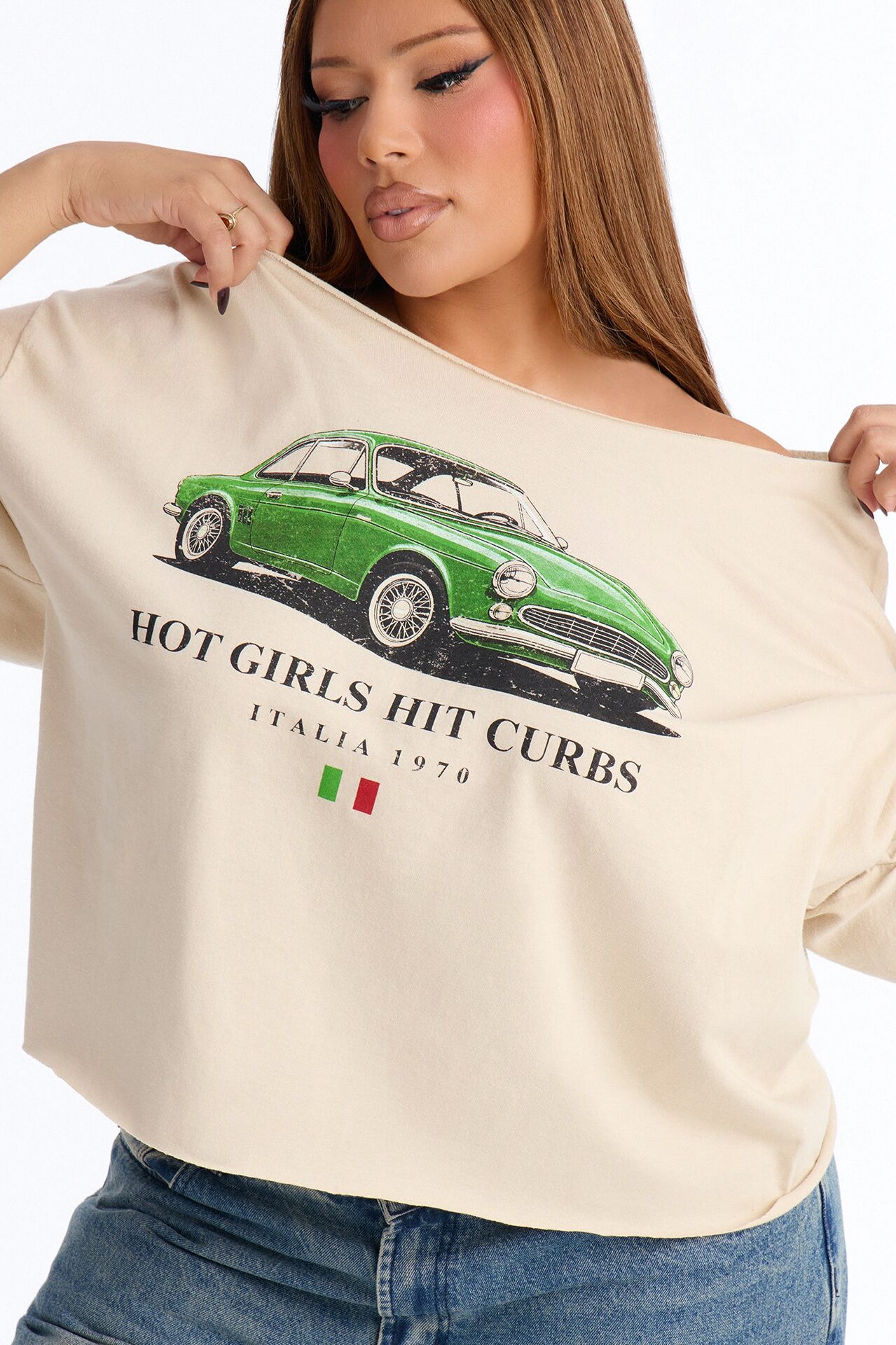 Hot Girls Hit Curbs Off Shoulder Tee - Taupe