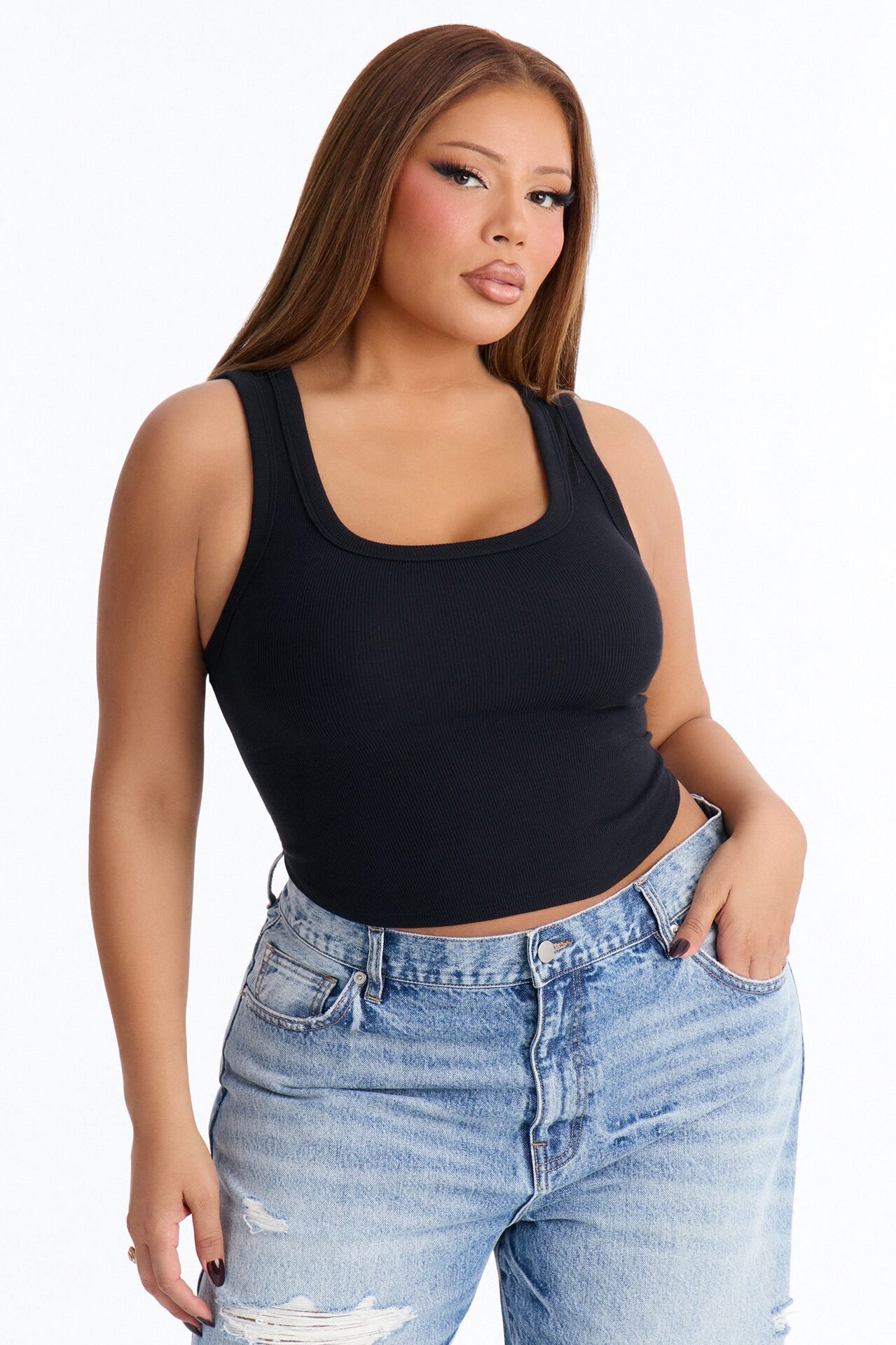 Haily Rib Square Neck Tank Top - Black
