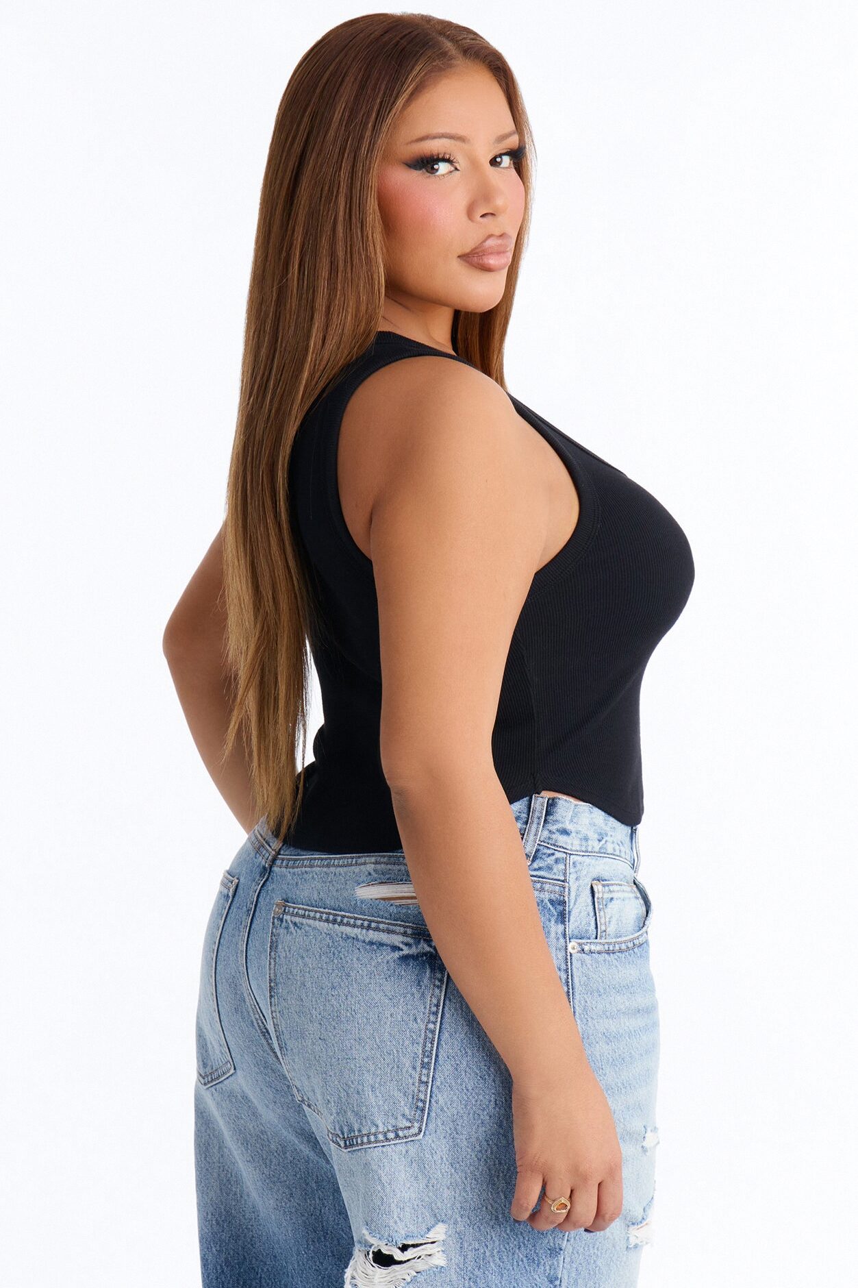 Haily Rib Square Neck Tank Top - Black