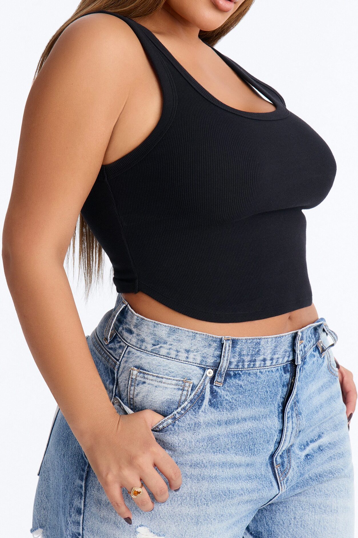 Haily Rib Square Neck Tank Top - Black