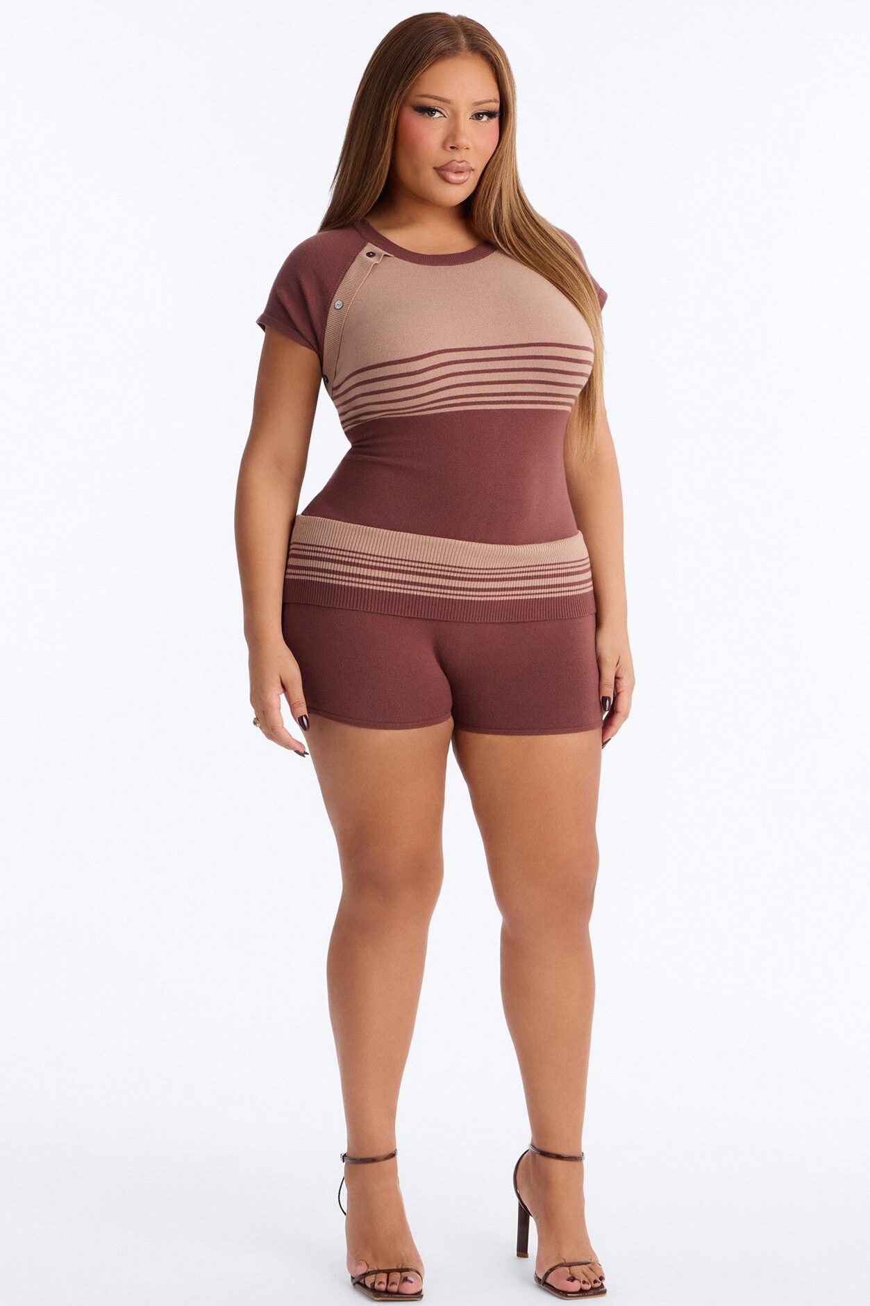 Elle Short Sleeve Striped Romper - Chocolate