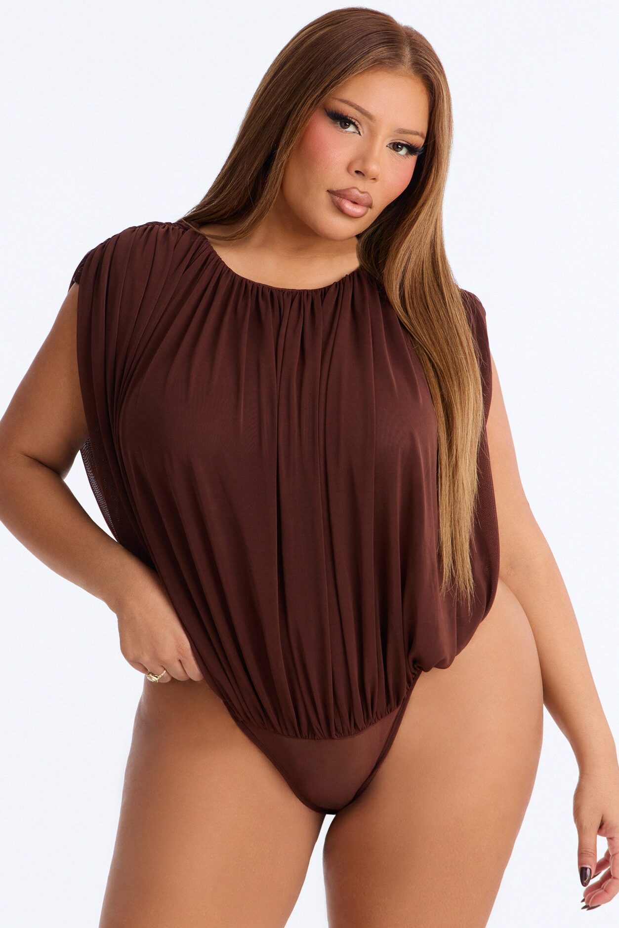 Danielle Ruched Short Sleeve Mesh Bodysuit - Brown