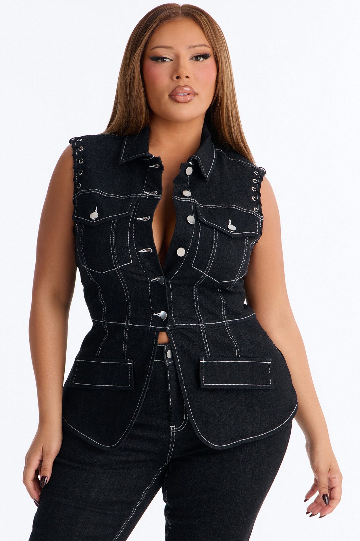 New Girl Denim Lace Up Capri Set - Dark Denim