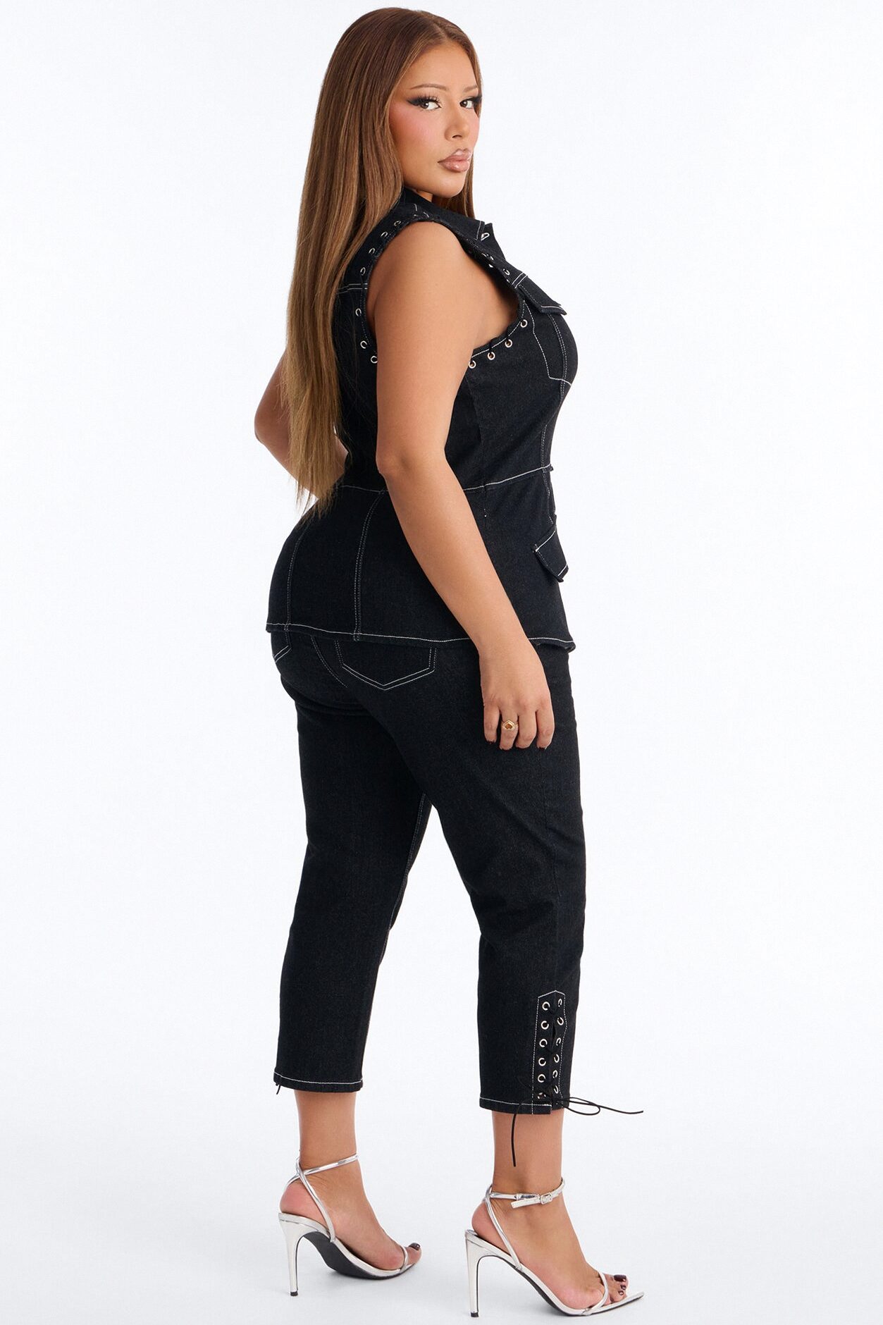 New Girl Denim Lace Up Capri Set - Dark Denim