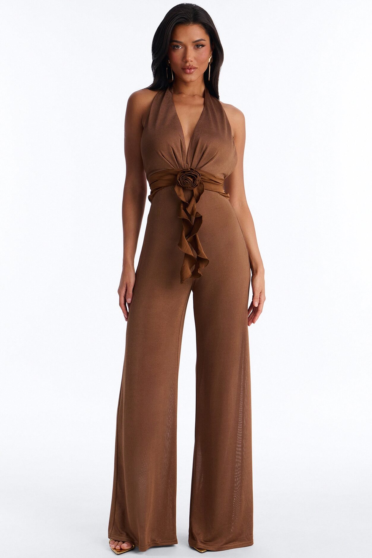 Bella Plunge Neck Backless Ruffle Jumpsuit - Chocolate