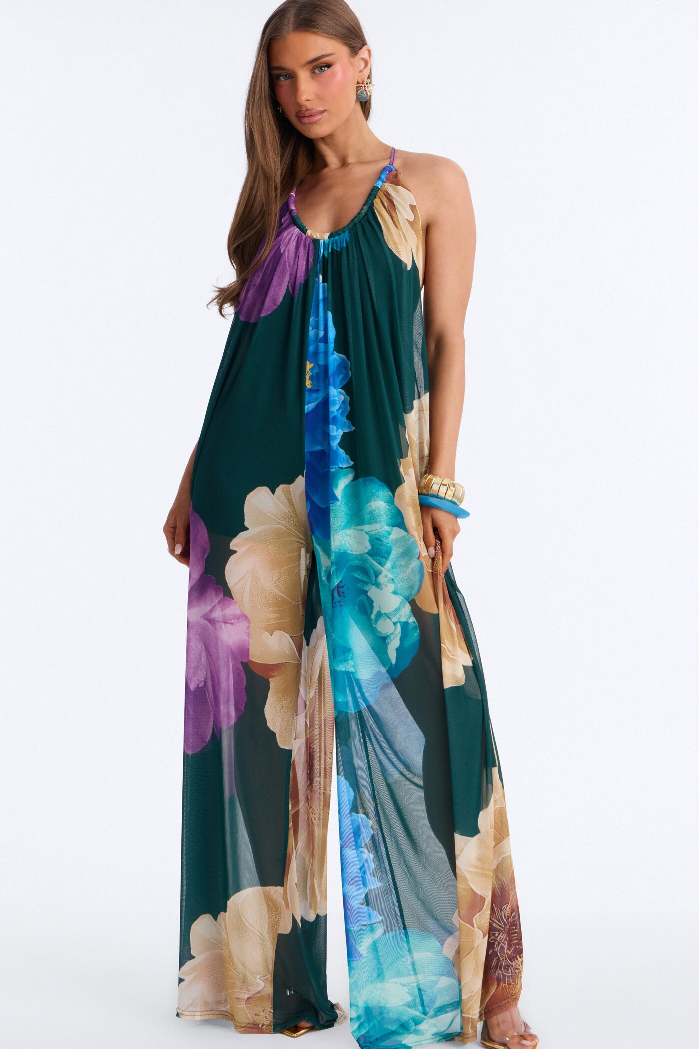 Valeria Mesh Floral Wide Leg Jumpsuit - Hunter