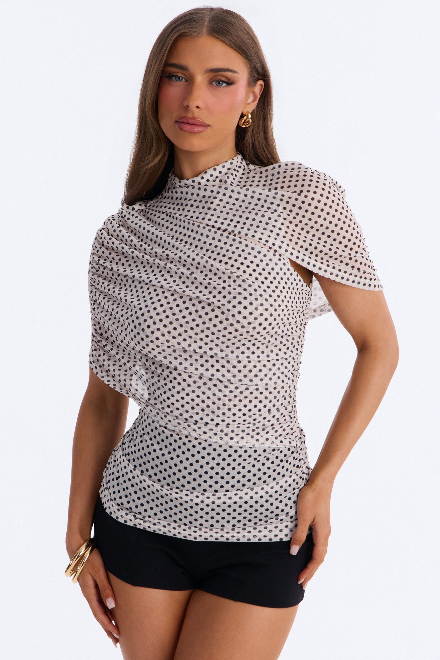 Kendall Mesh Polka Dot Mock Neck Short Sleeve Top - Cream/combo