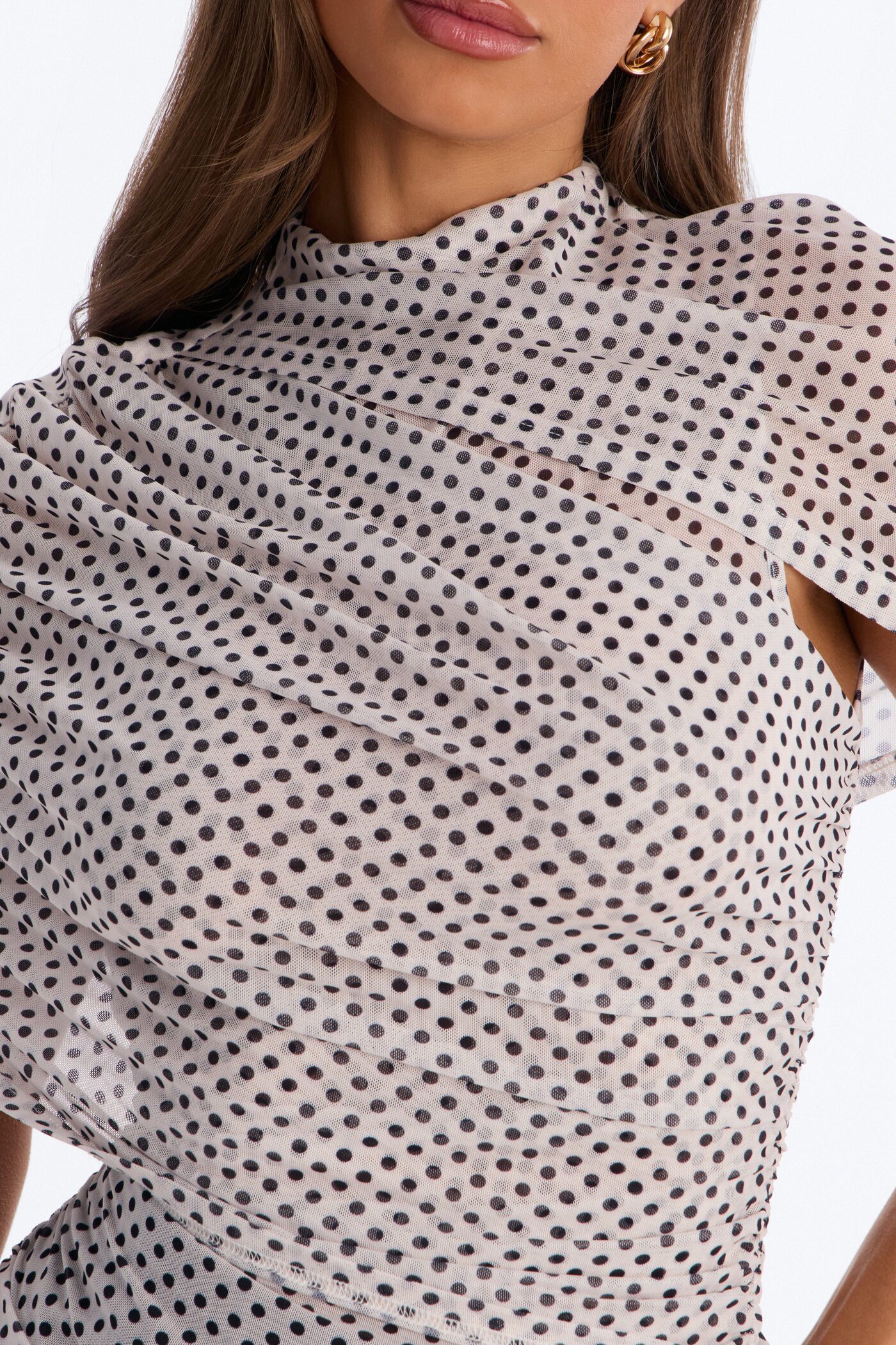 Kendall Mesh Polka Dot Mock Neck Short Sleeve Top - Cream/combo