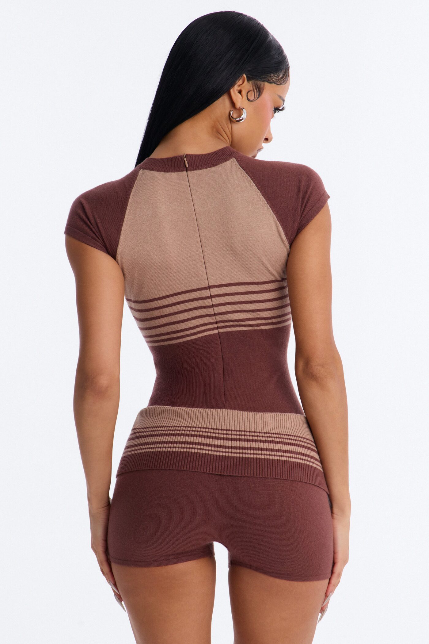Elle Short Sleeve Striped Romper - Chocolate
