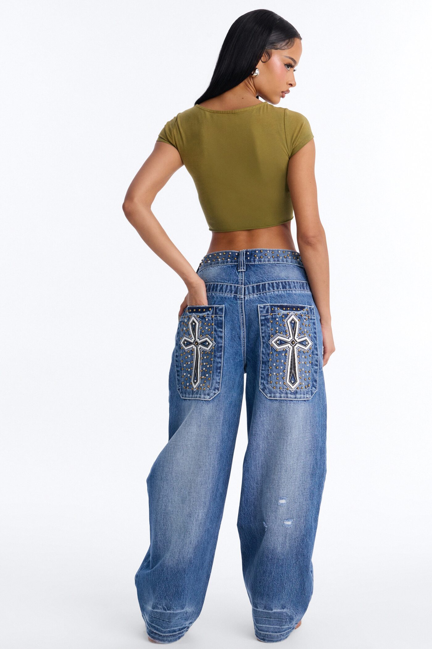Ain’t No Saint Studded Embroidered Baggy Jeans - Dark Wash