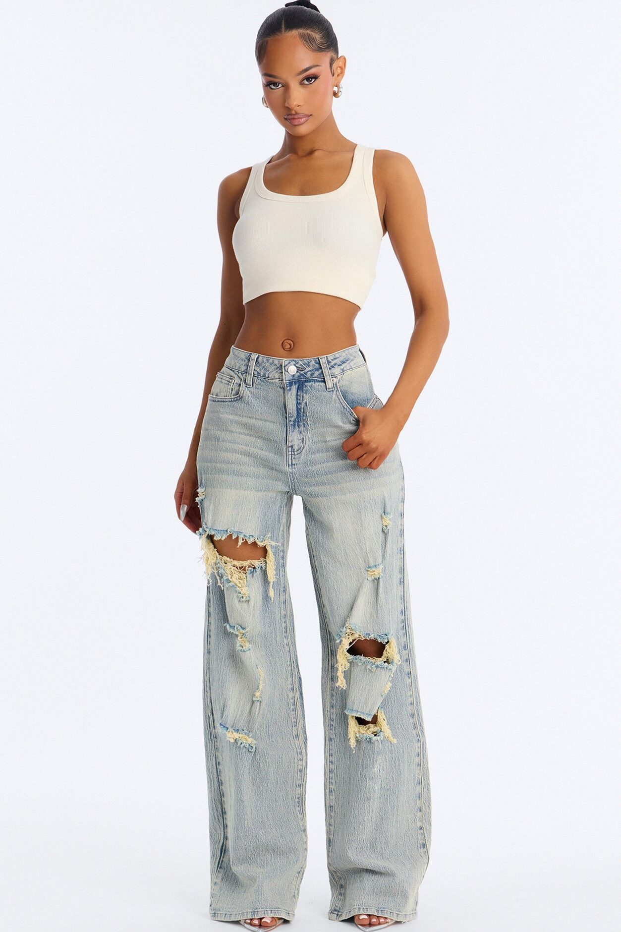 Next Chapter Ripped Wide Leg Jeans - Vintage Wash