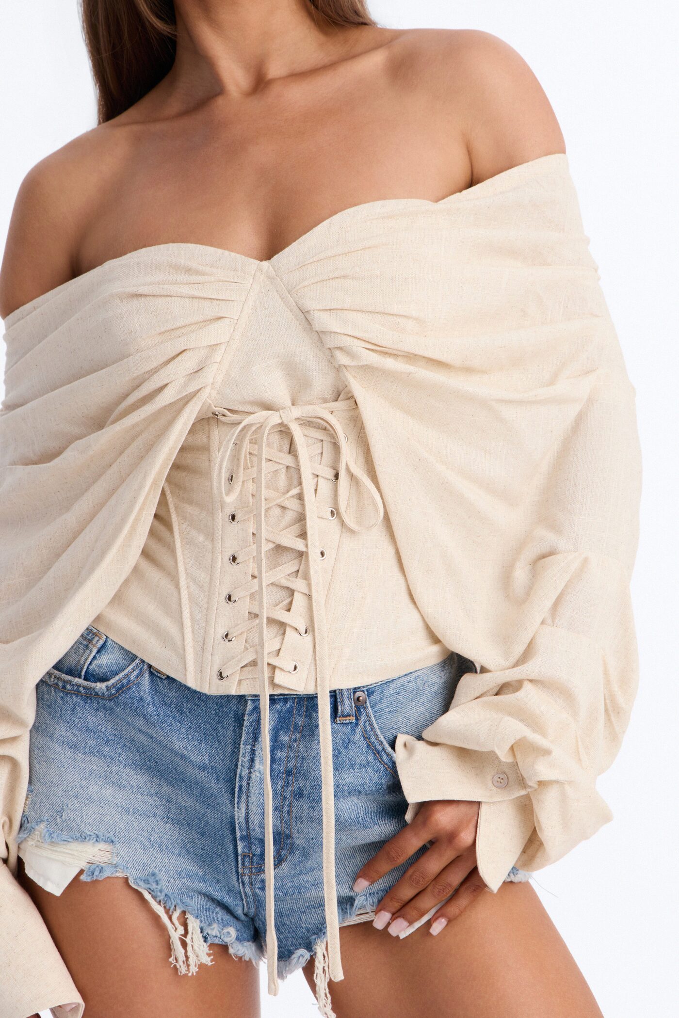 Her Era Off Shoulder Lace Up Linen Corset - Beige