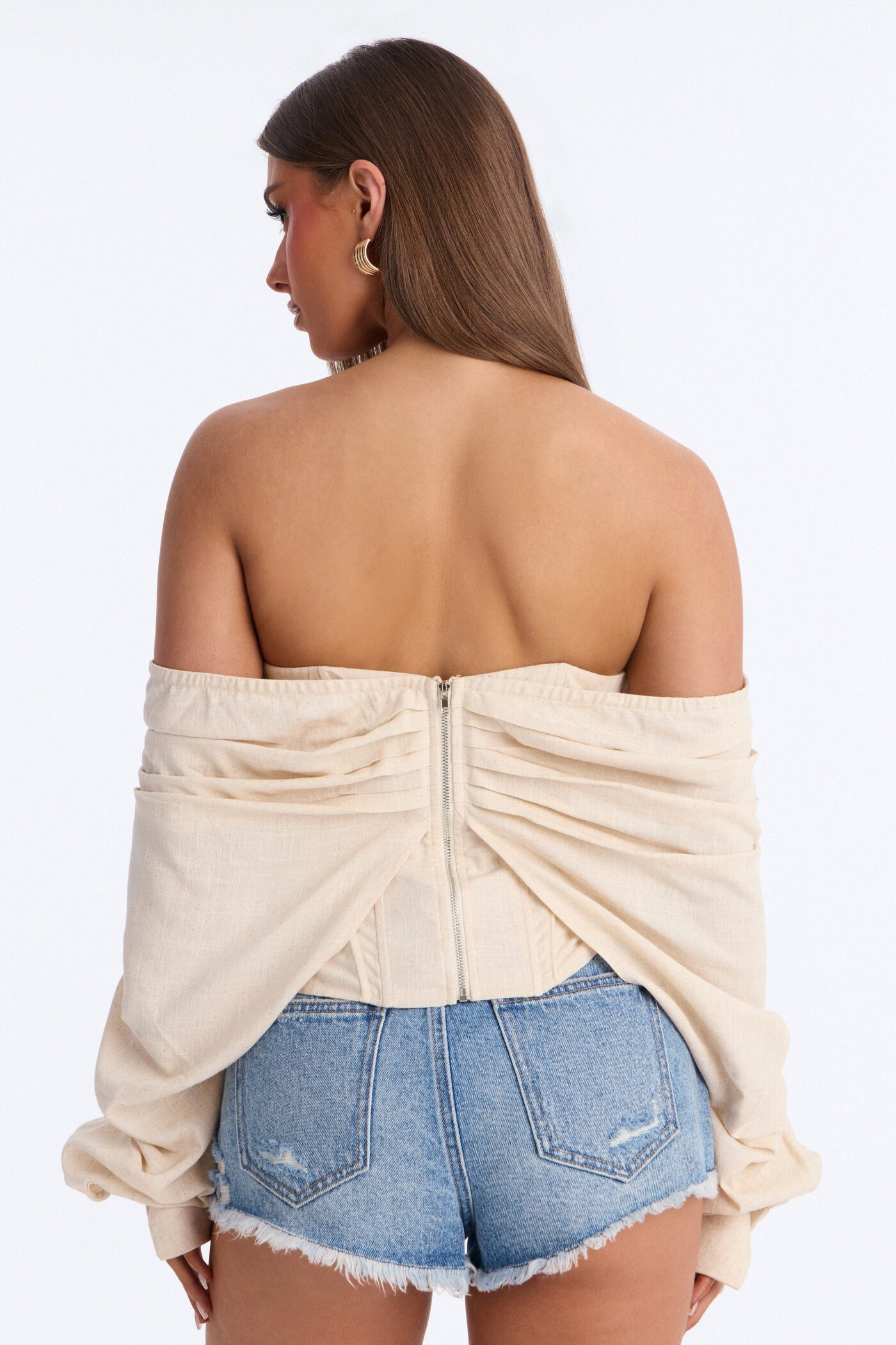 Her Era Off Shoulder Lace Up Linen Corset - Beige