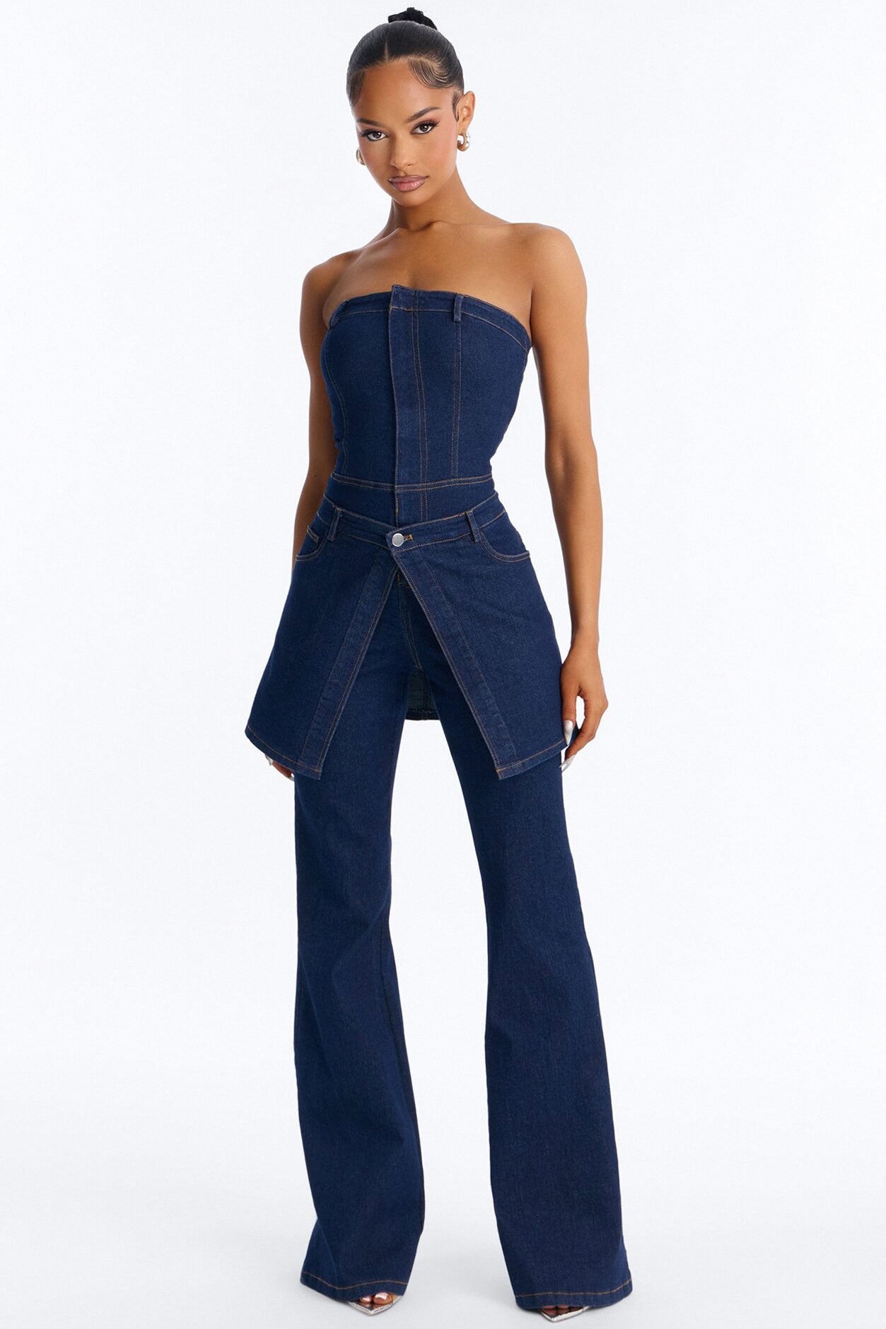 Ella Denim Skirt Flare Jumpsuit - Dark Wash