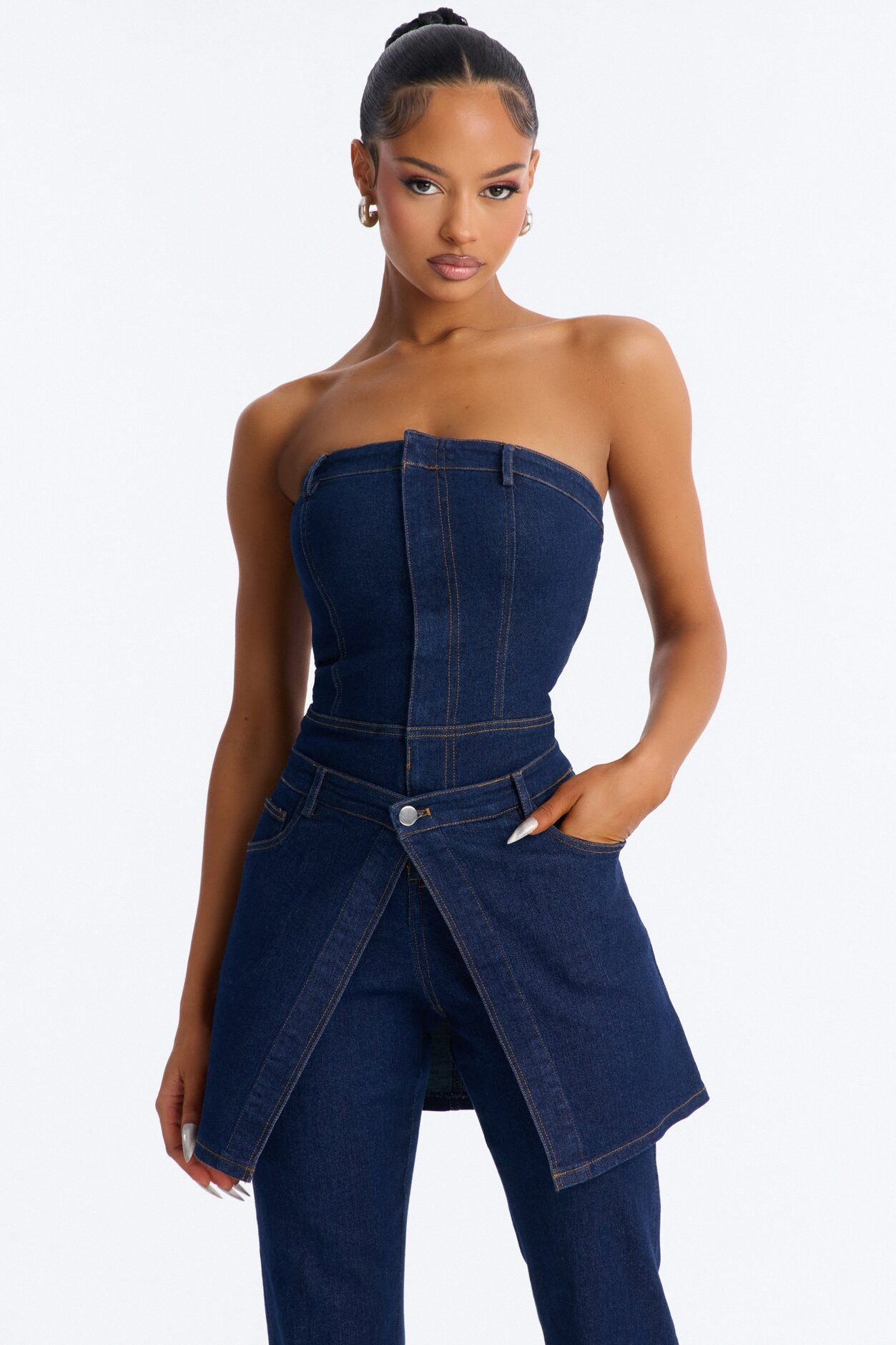 Ella Denim Skirt Flare Jumpsuit - Dark Wash