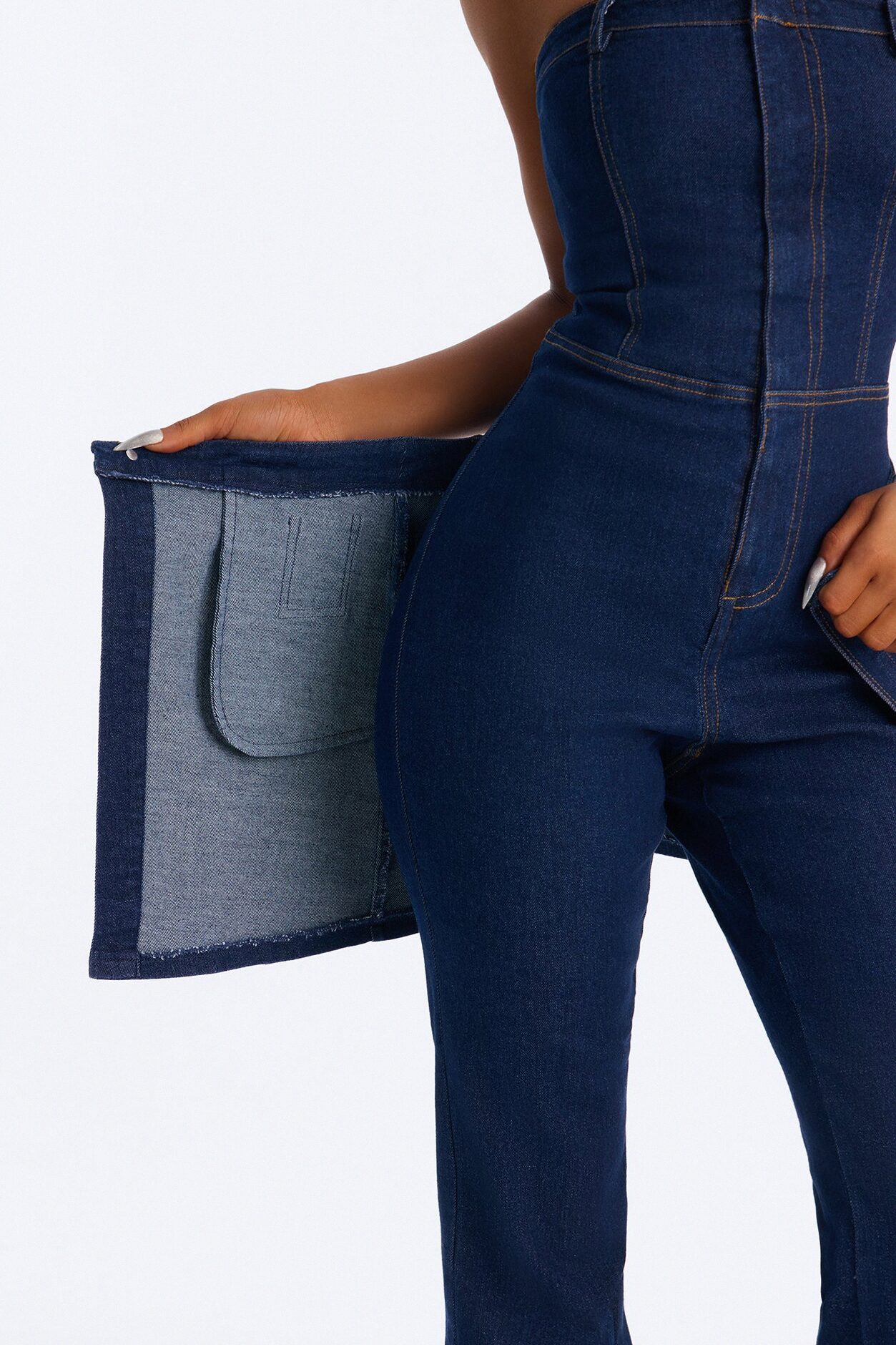 Ella Denim Skirt Flare Jumpsuit - Dark Wash