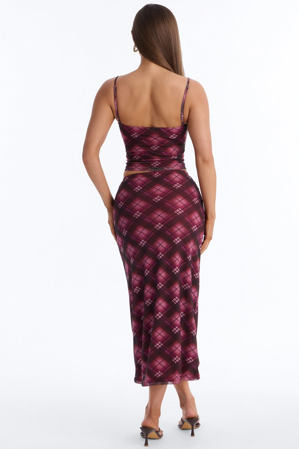 Mayla Mesh Plaid Skirt Set - Burgundy/combo