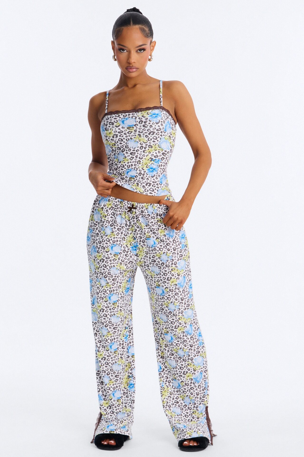 Dreamy And Chic Cheetah Floral Cami PJ Pant Set - Blue/combo