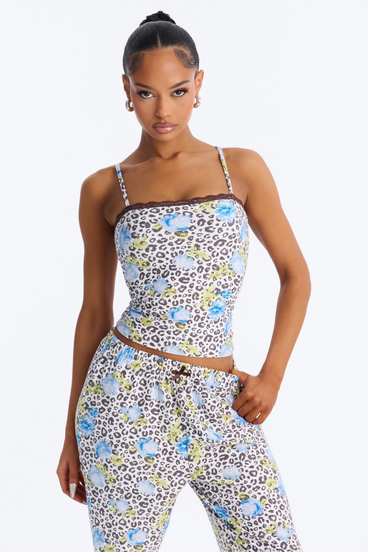 Dreamy And Chic Cheetah Floral Cami PJ Pant Set - Blue/combo