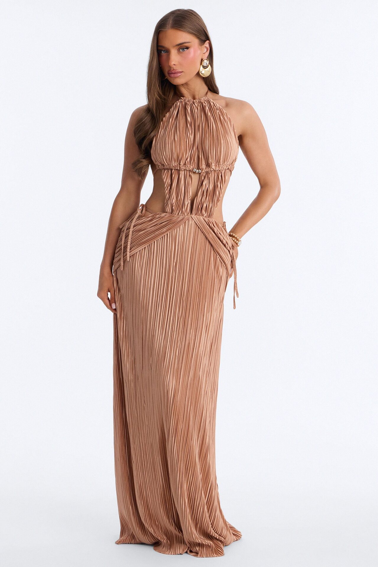 Nissa Plisse Halter Maxi Dress - Gold