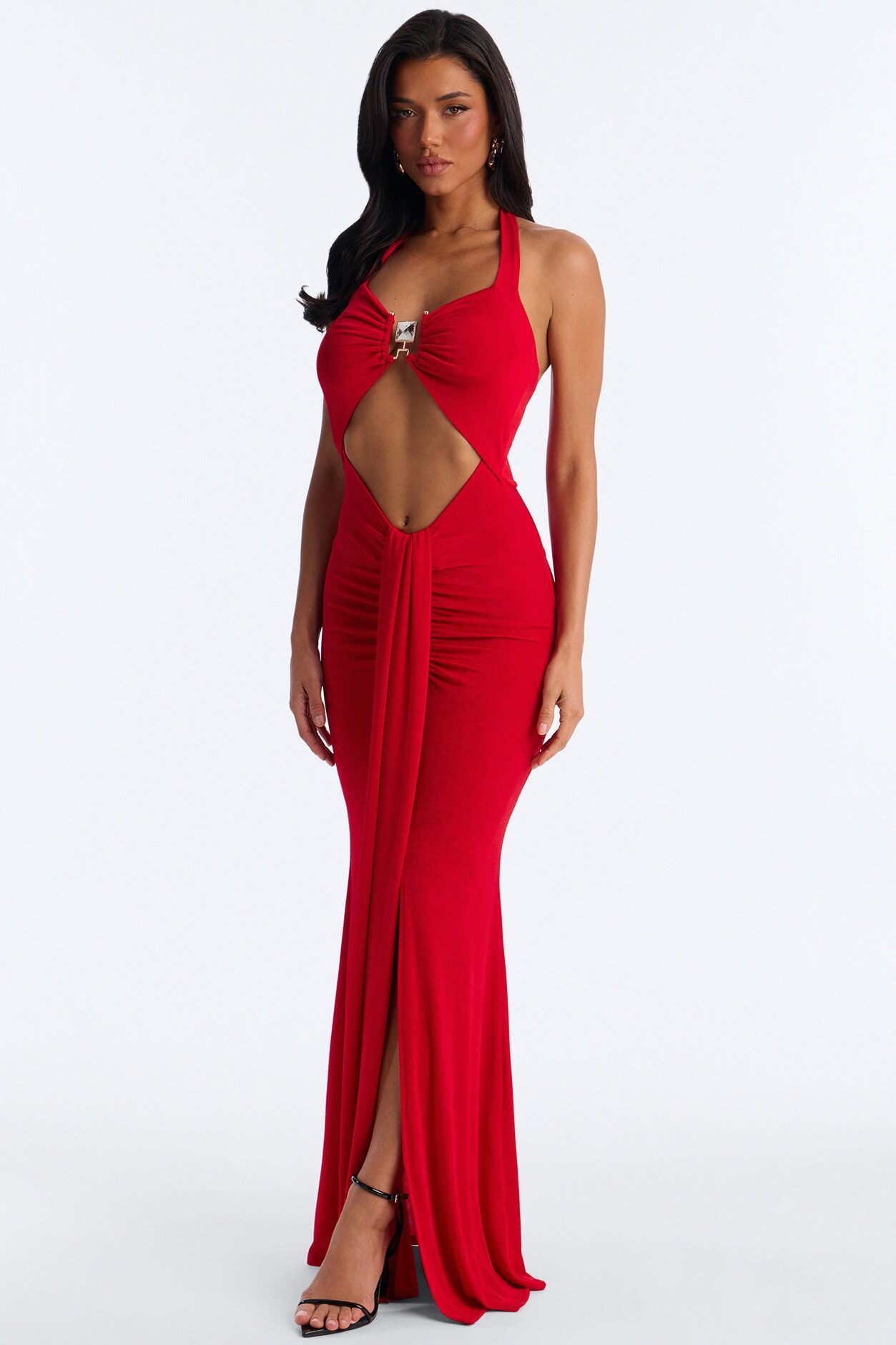 Isla Ruched Draped Maxi Dress - Red