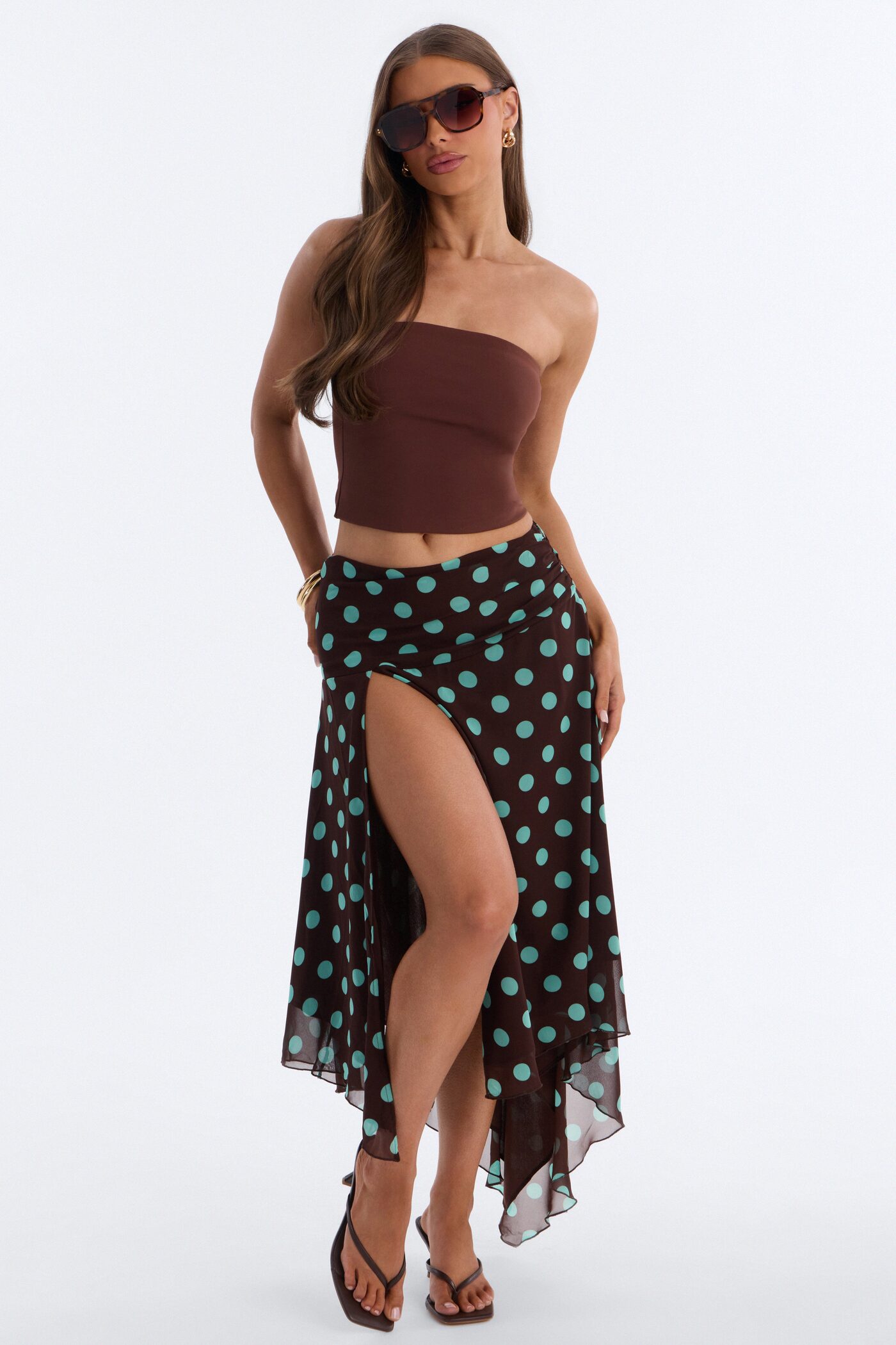 Cameron Polka Dot Chiffon Midi Skirt - Chocolate/Combo