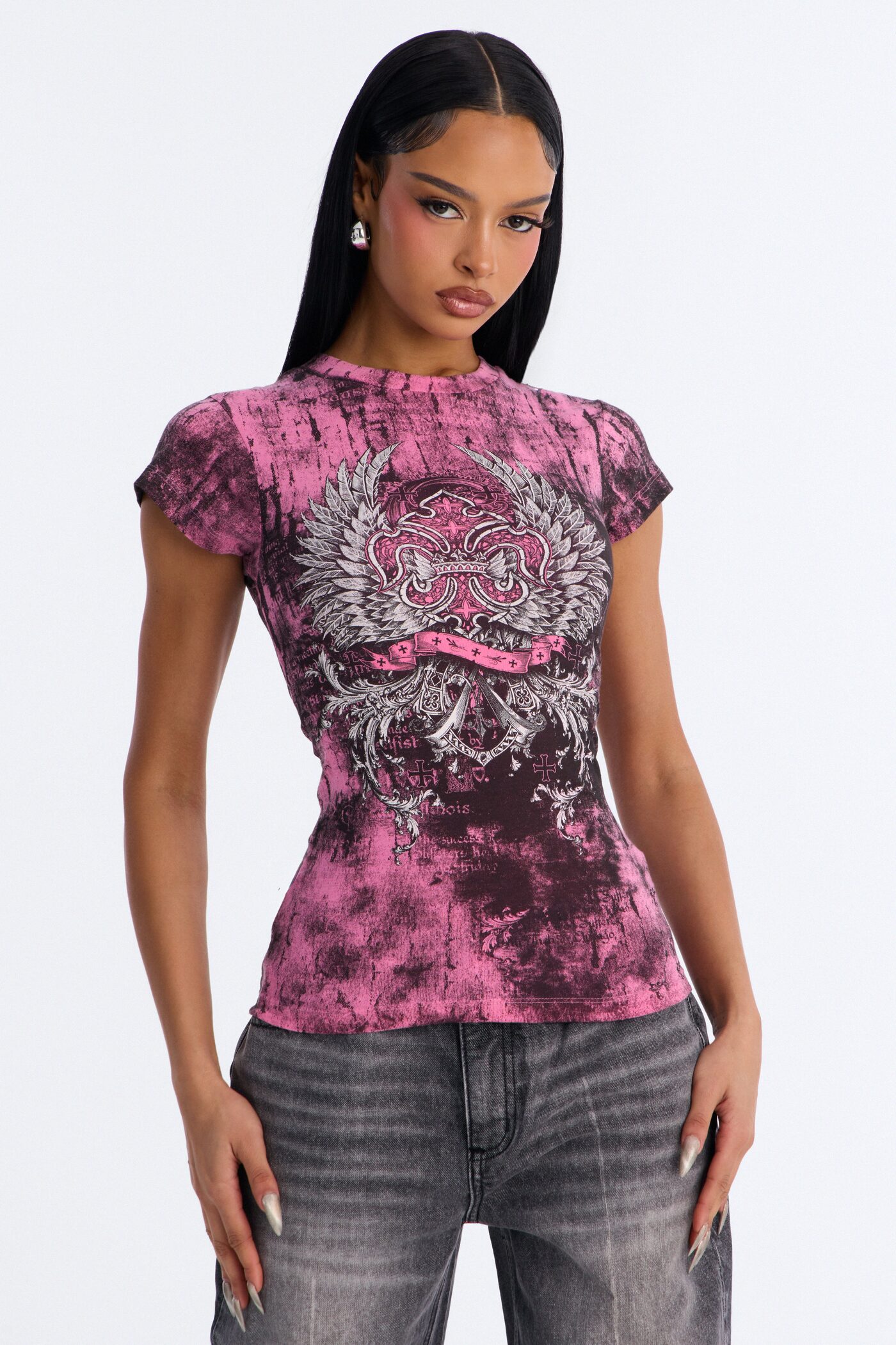 Goth Wings Fitted Tee - Pink