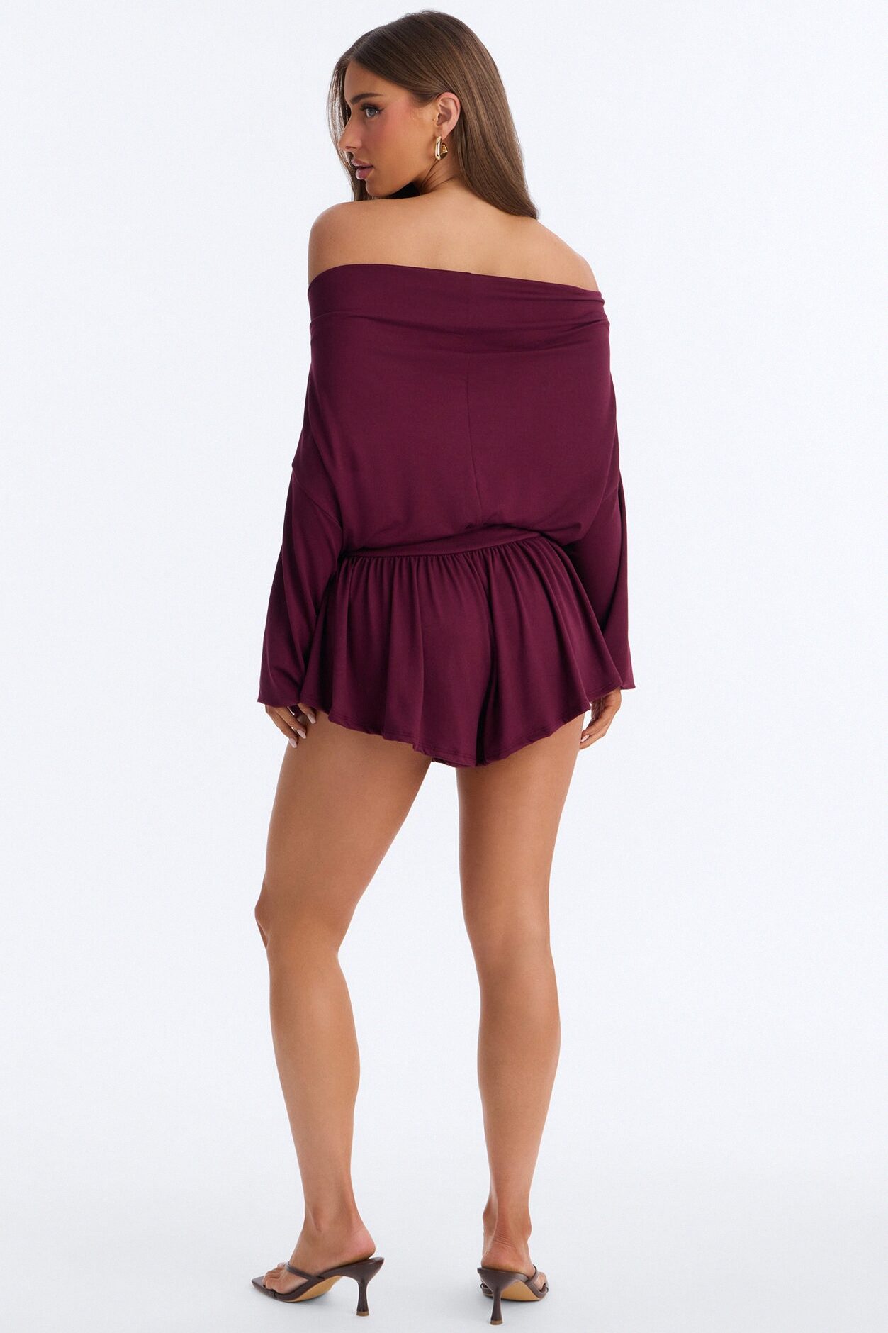 Amelia Off Shoulder Flowy Romper - Plum