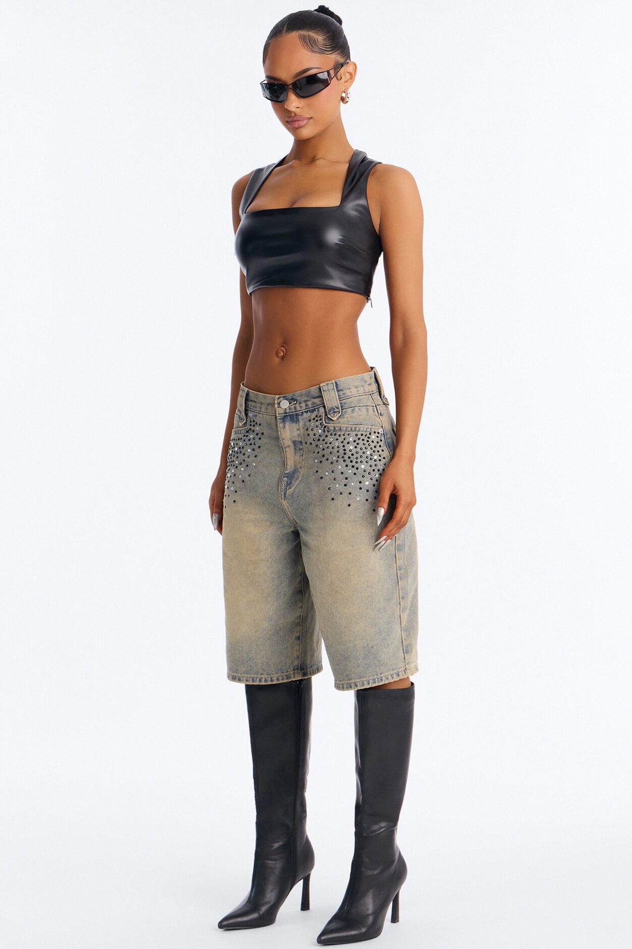 Time To Reflect Embellished Denim Jorts - Vintage Wash