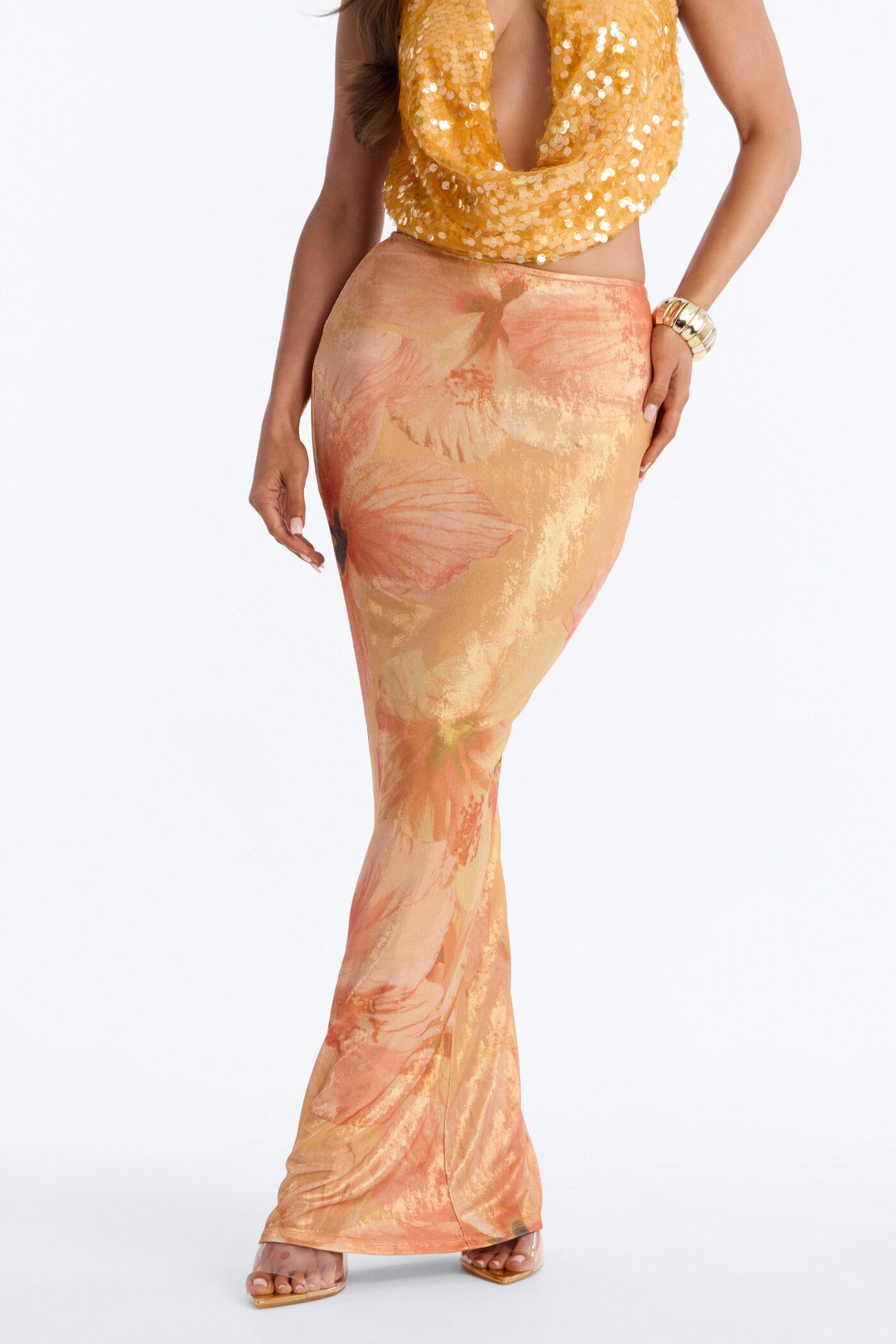 Heat Wave Metallic Knit Floral Maxi Skirt - Orange