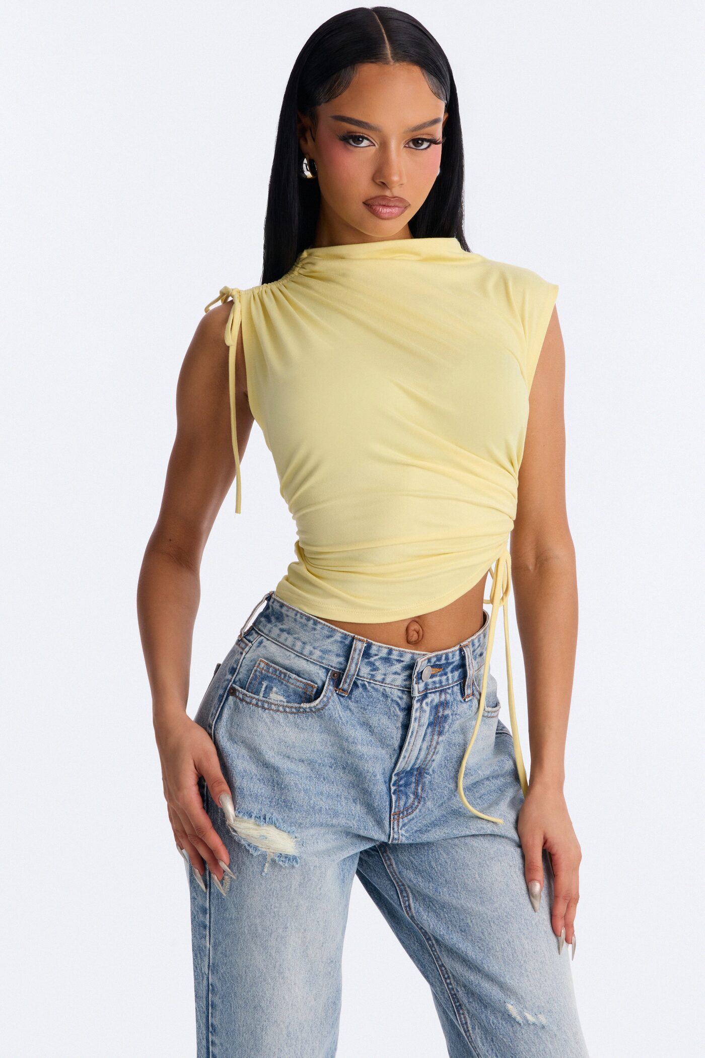Devon Ruched Drawstring Mock Neck Top - ButterYellow