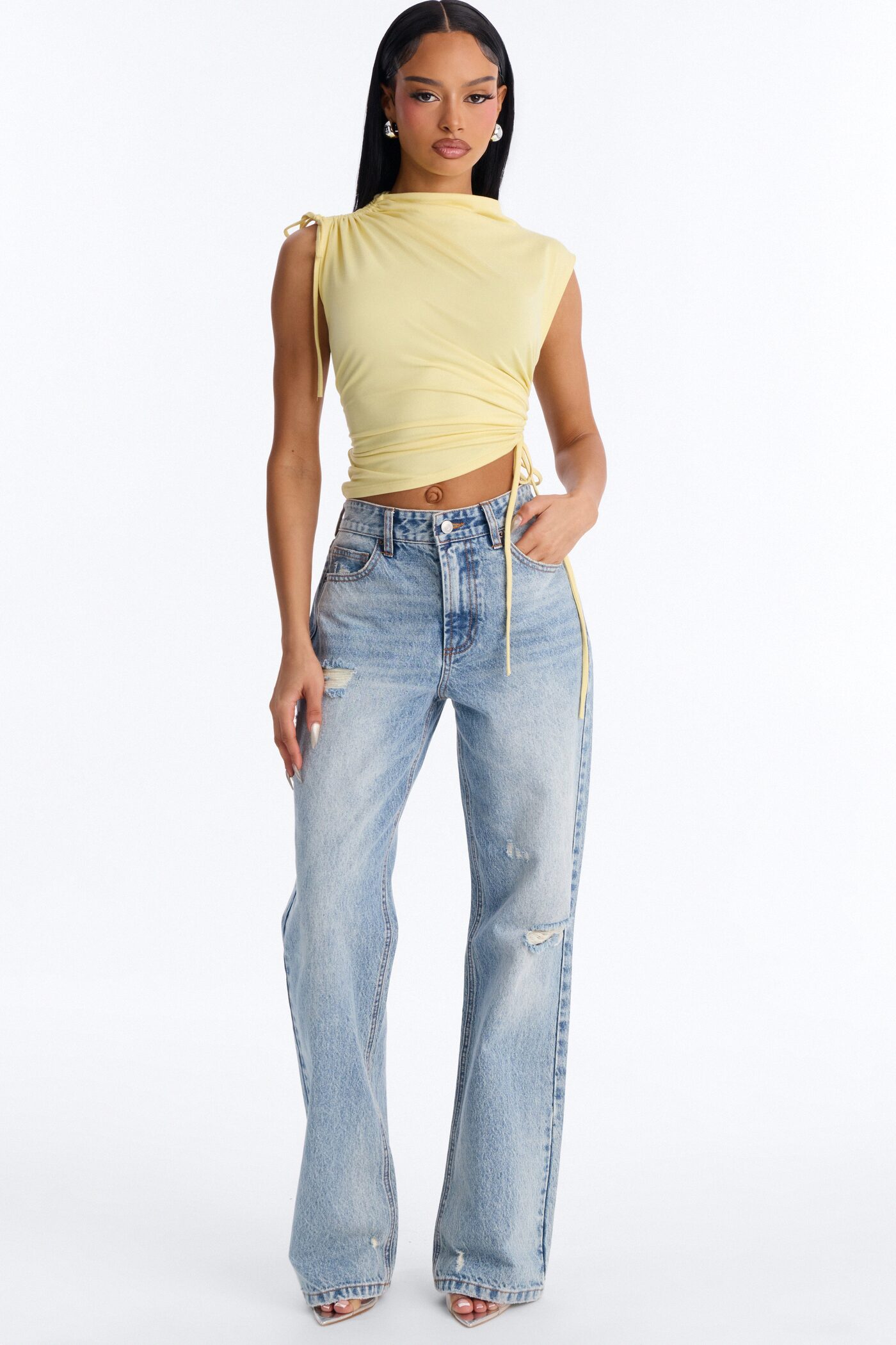 Devon Ruched Drawstring Mock Neck Top - ButterYellow
