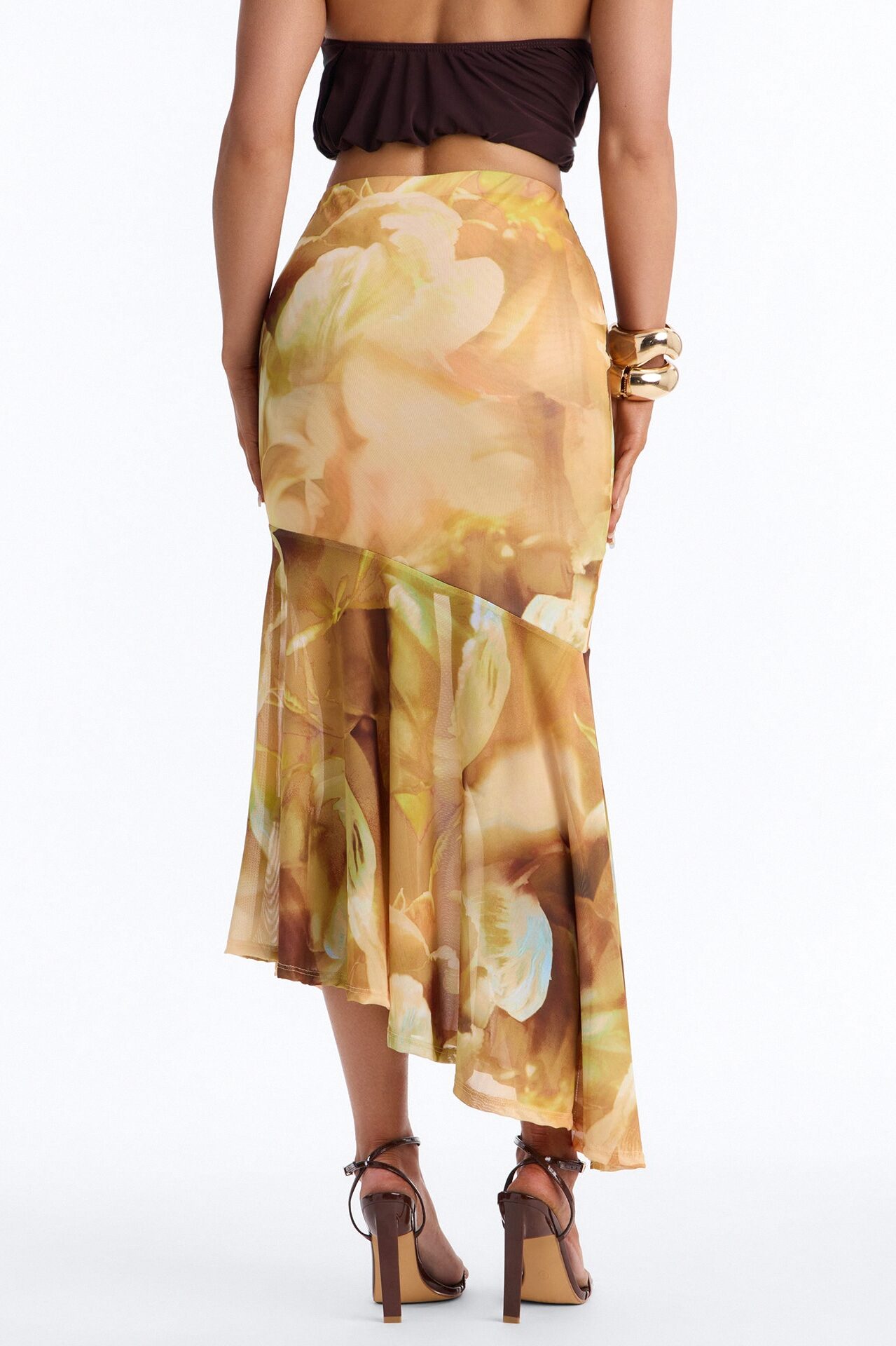 Destiny Asymmetrical Mesh Midi Skirt - Yellow/combo