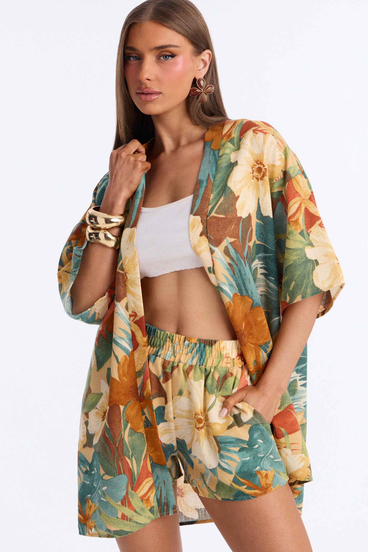 Relax & Renew Floral Linen Short Set - Green/combo