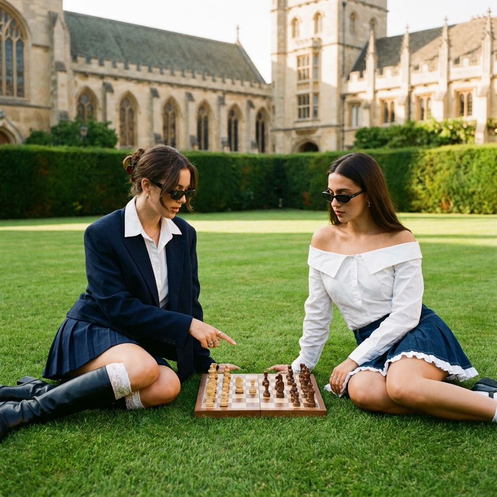Two models in preppy navy and white outfits playing chess on a campus lawn