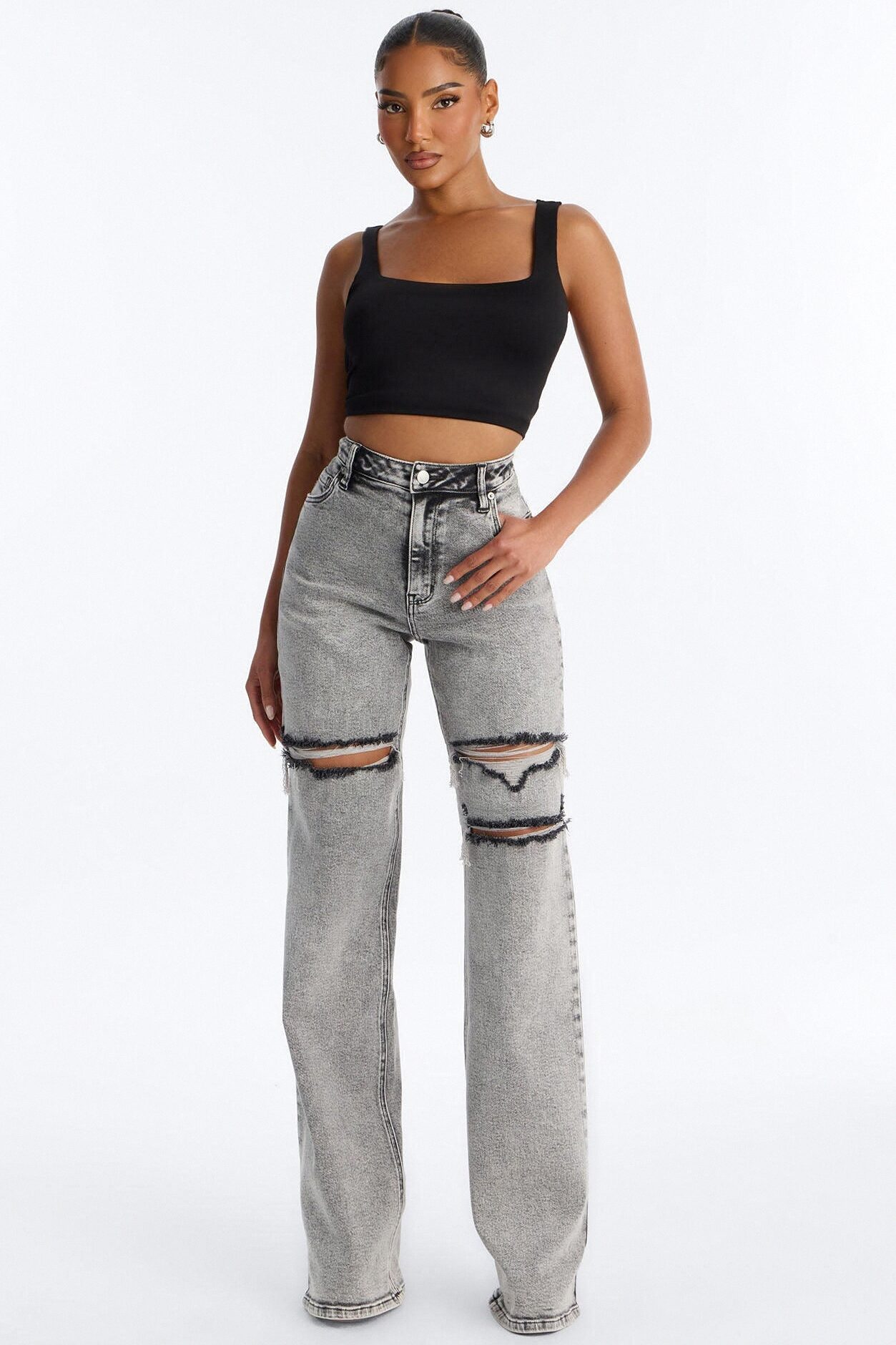 Tall Remi Ripped Stretch Baggy Jeans - Grey