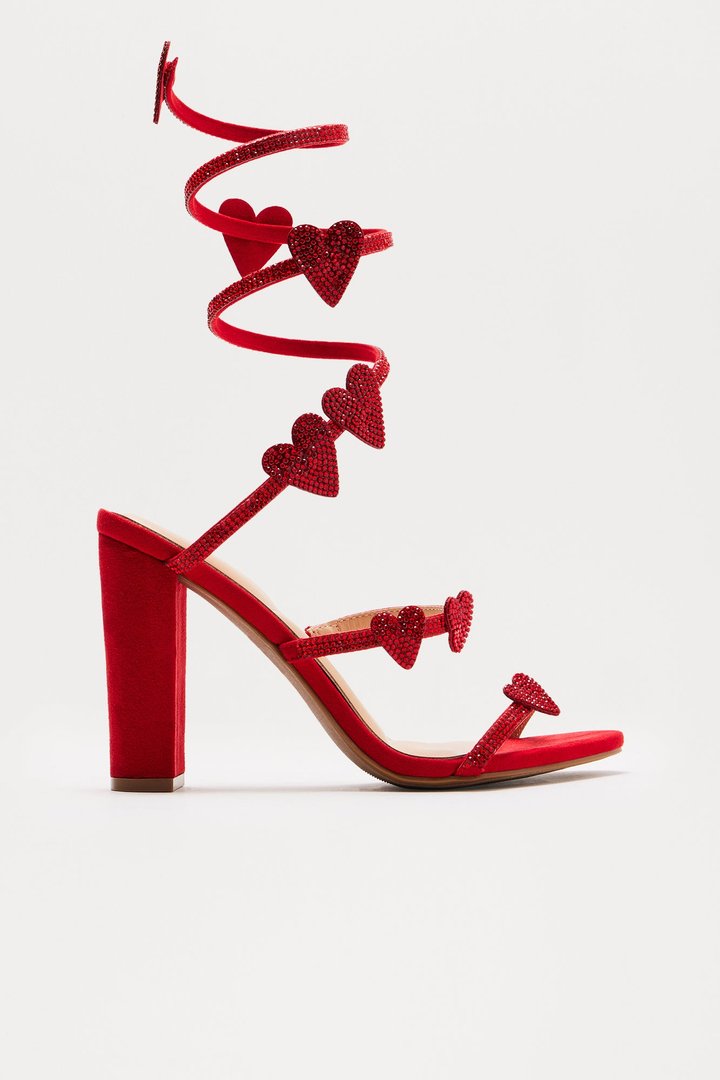 Heartstrings Rhinestone Wrap Up Heels - Red