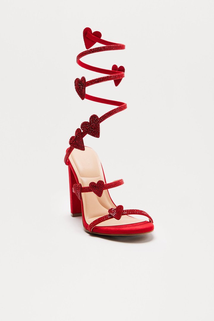 Heartstrings Rhinestone Wrap Up Heels - Red
