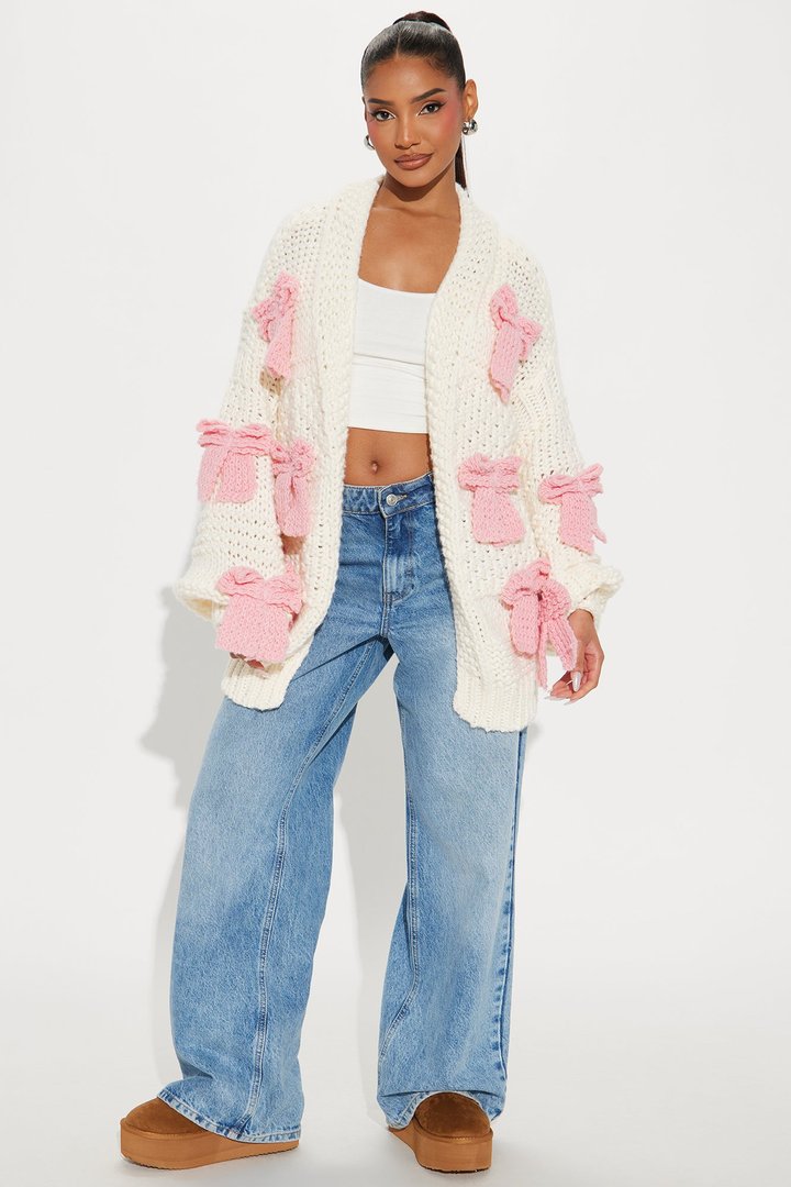 In My Bow Era Chunky Knit Cardigan - Pink/combo