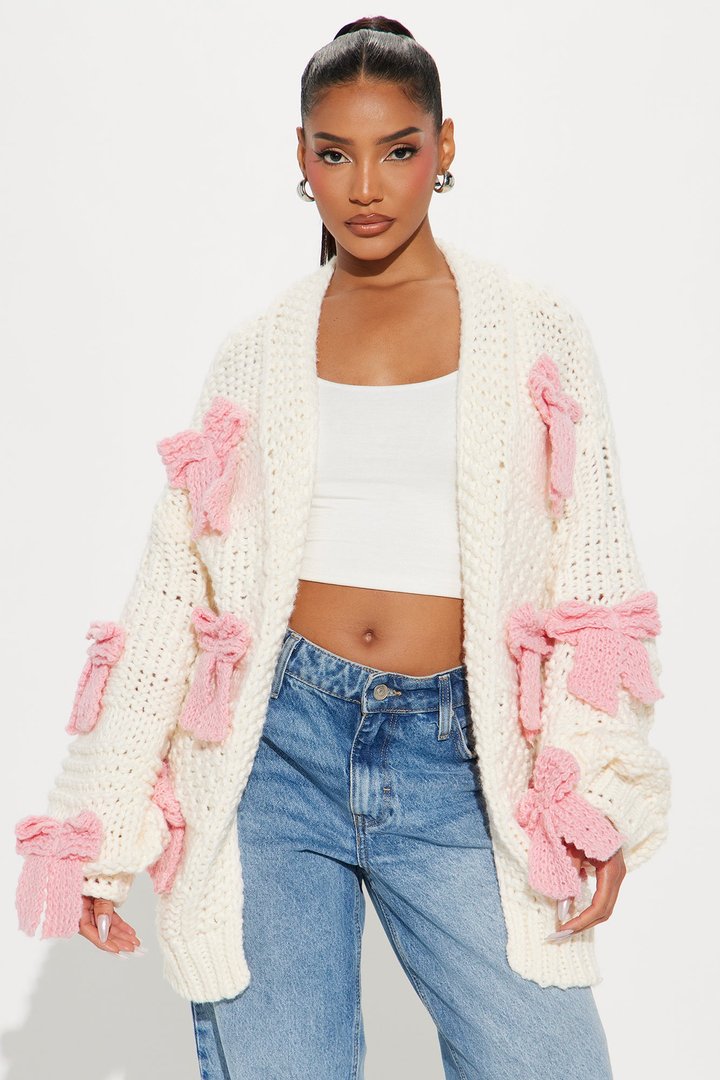 In My Bow Era Chunky Knit Cardigan - Pink/combo