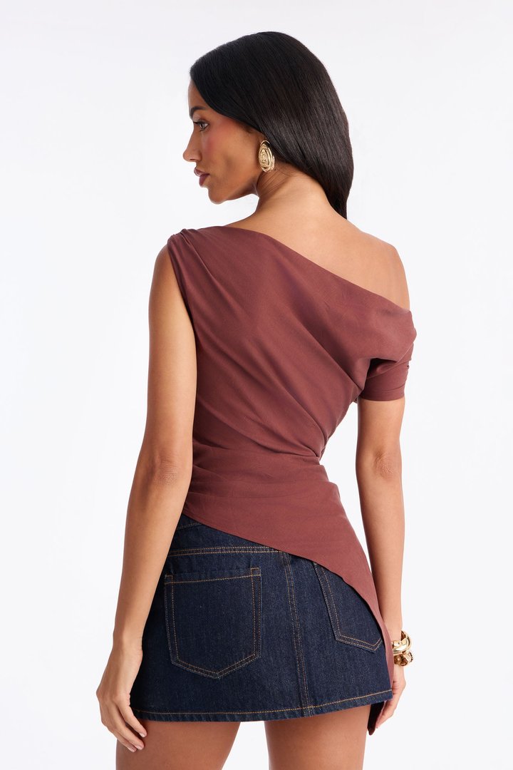 Mariah Off Shoulder Asymmetrical Top - Brown