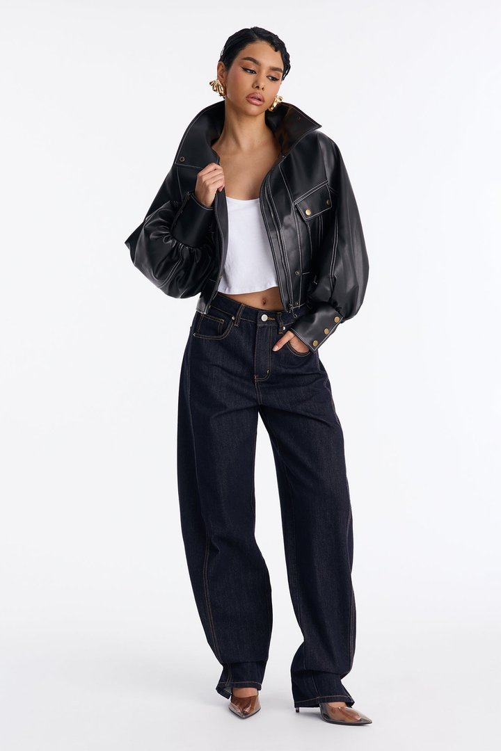 Run It Back Wide Funnel Neck Faux Leather Jacket - Black