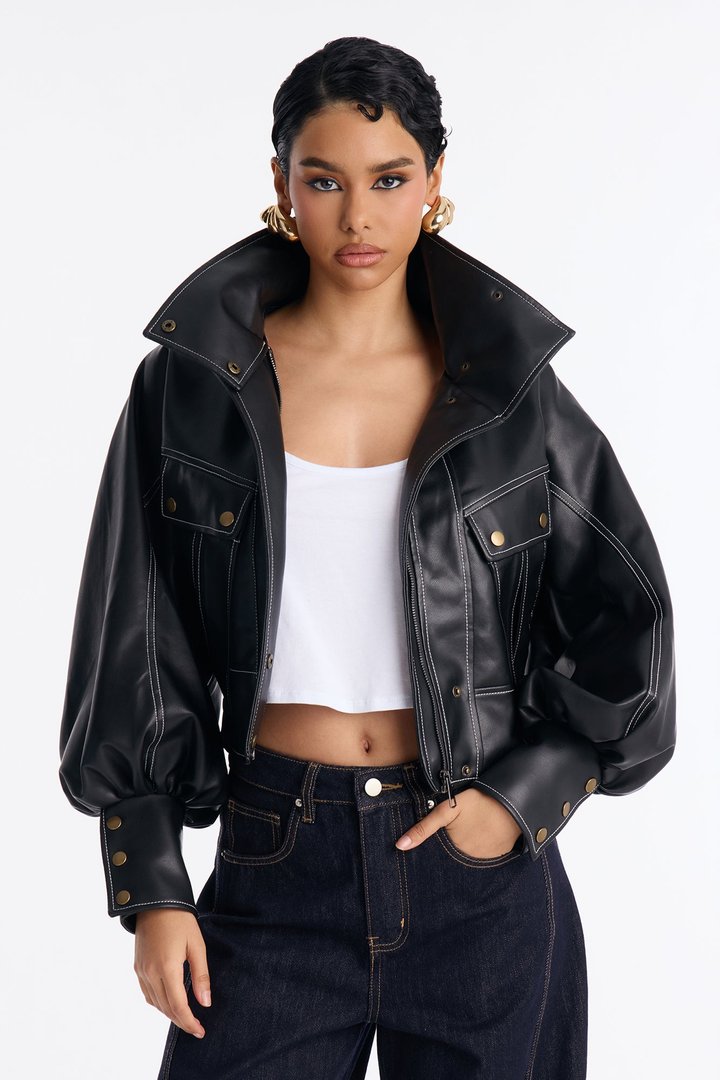 Run It Back Wide Funnel Neck Faux Leather Jacket - Black