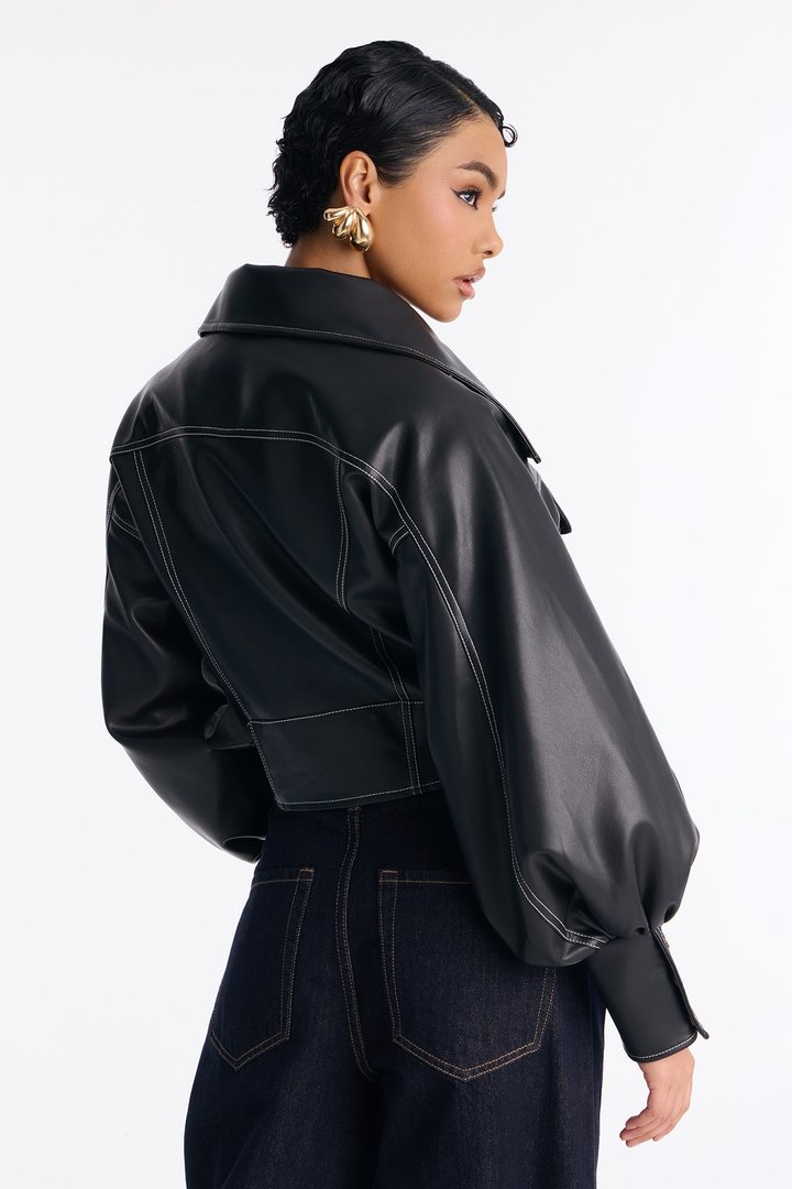 Run It Back Wide Funnel Neck Faux Leather Jacket - Black