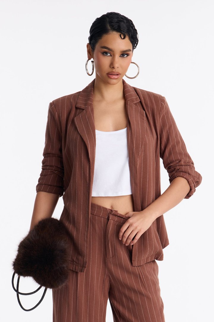 Mila Pinstripe Belted Blazer Pant Set - Brown