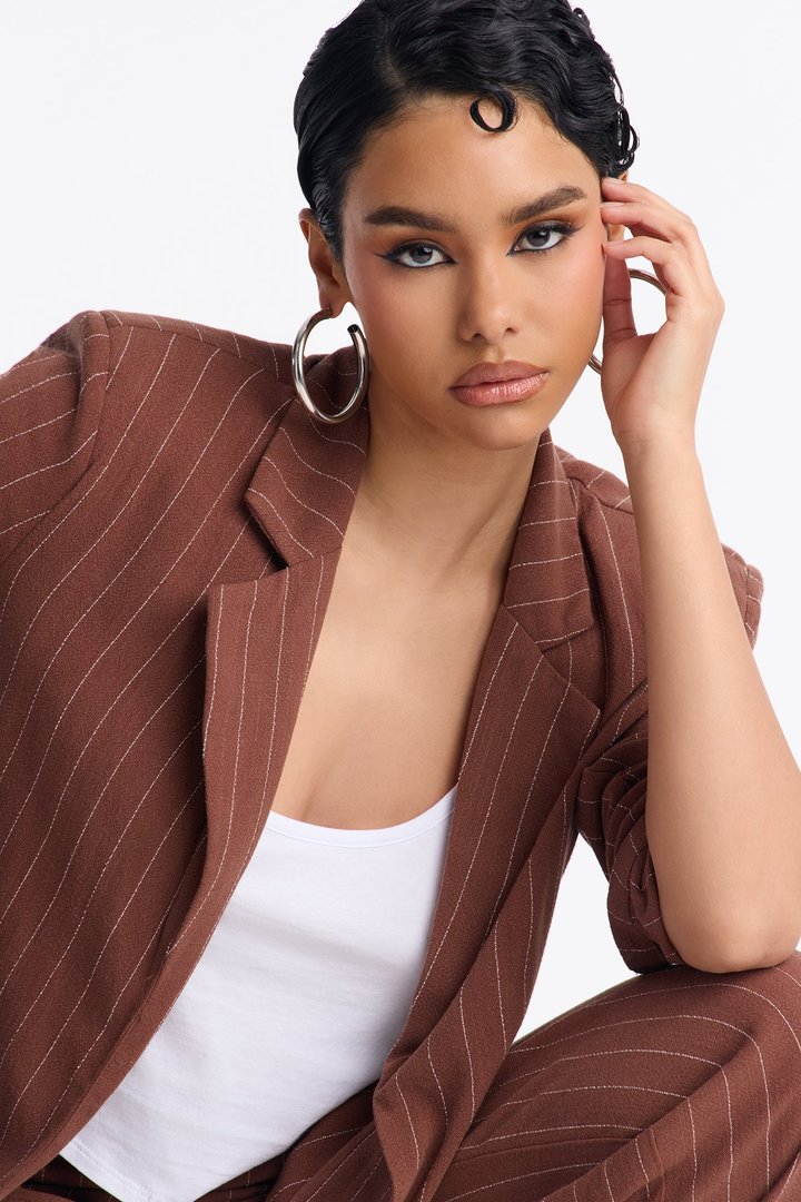 Mila Pinstripe Belted Blazer Pant Set - Brown