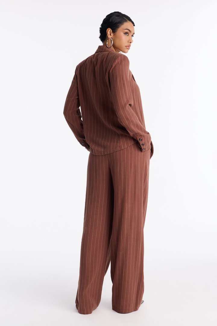 Mila Pinstripe Belted Blazer Pant Set - Brown